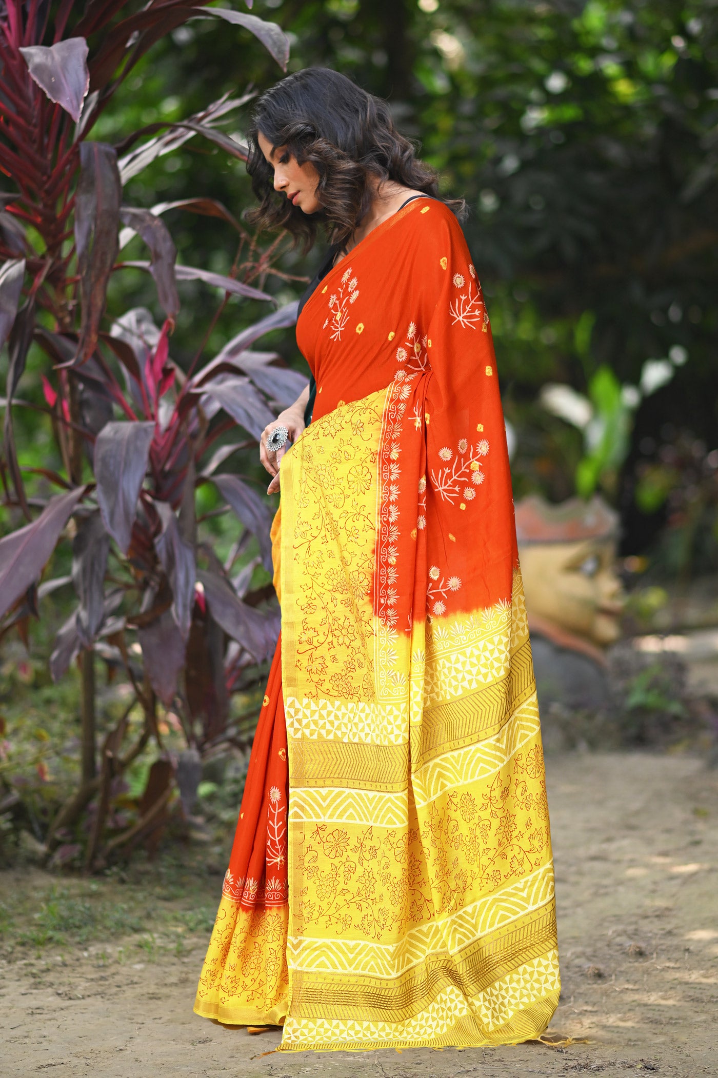 Orange-Yellow Pure Gold Embossed Printed Pashmina Sico Saree-UNM80952