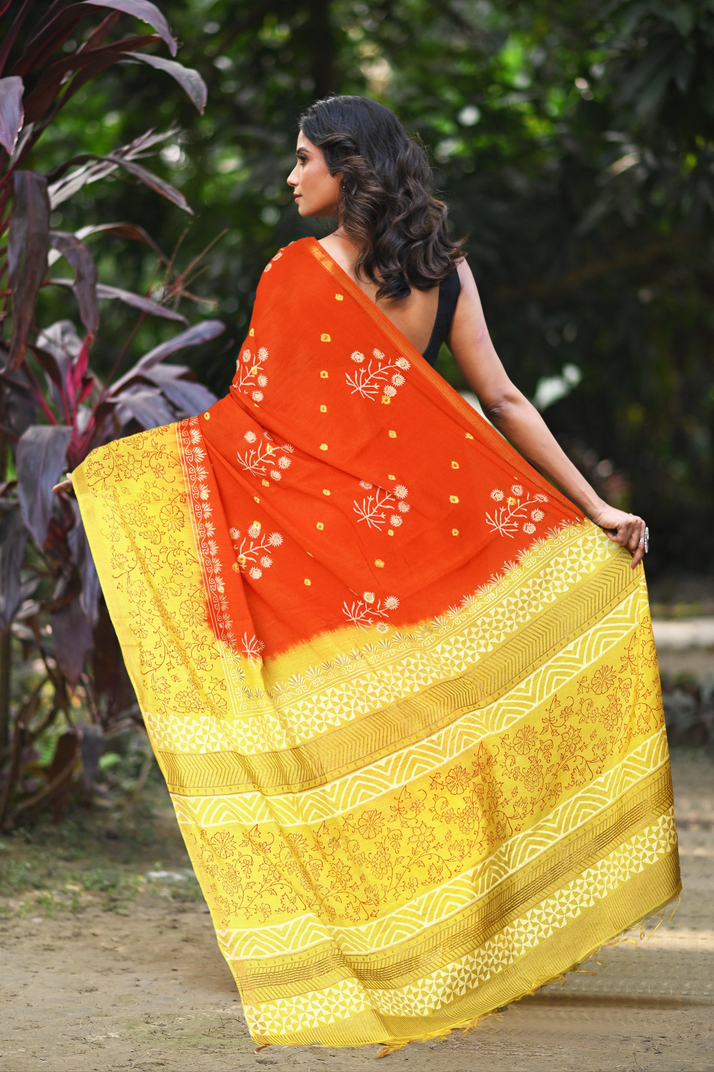 Orange-Yellow Pure Gold Embossed Printed Pashmina Sico Saree-UNM80952