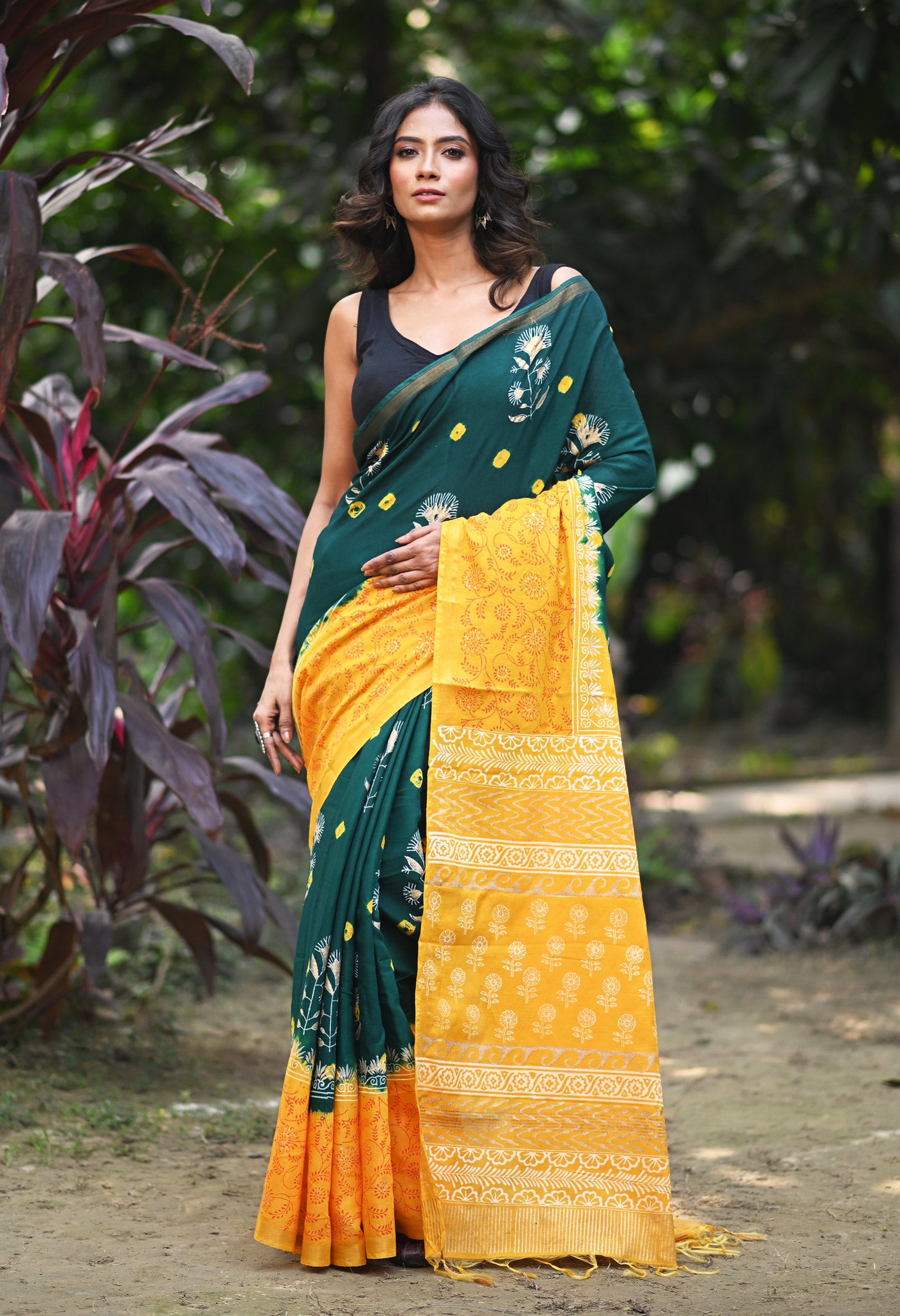 Green-Yellow Pure Gold Embossed Printed Pashmina Sico Saree-UNM80953