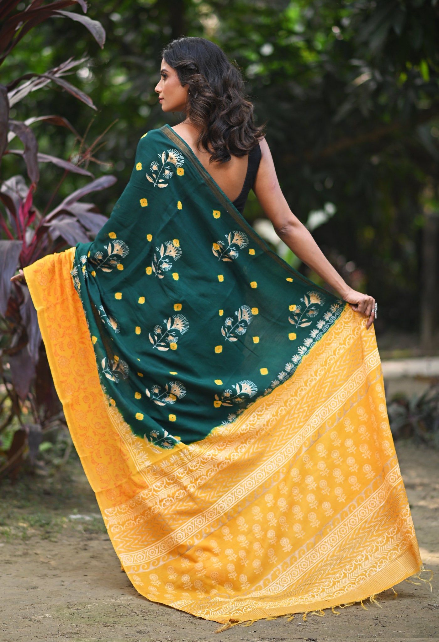 Green-Yellow Pure Gold Embossed Printed Pashmina Sico Saree-UNM80953