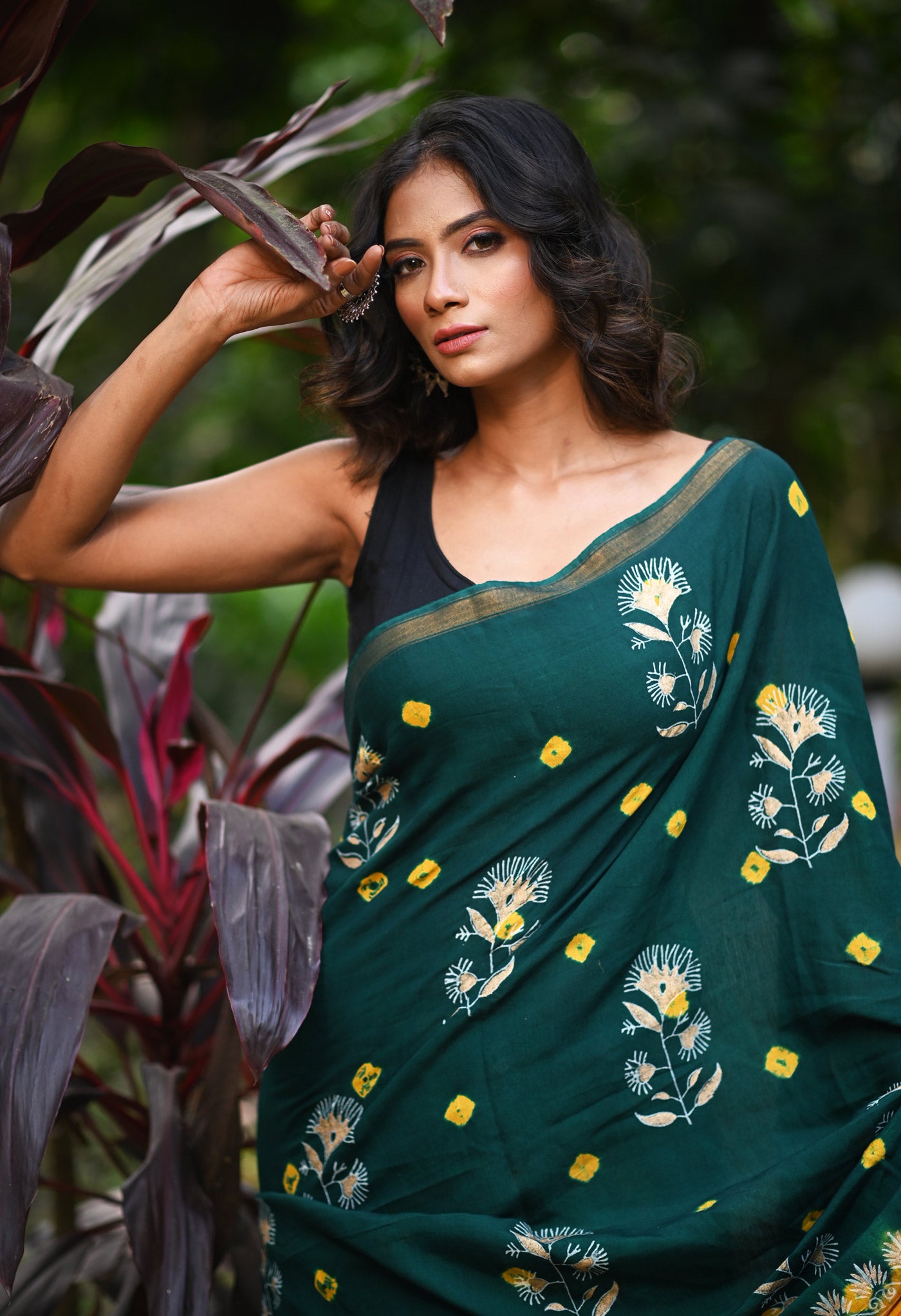 Green-Yellow Pure Gold Embossed Printed Pashmina Sico Saree-UNM80953