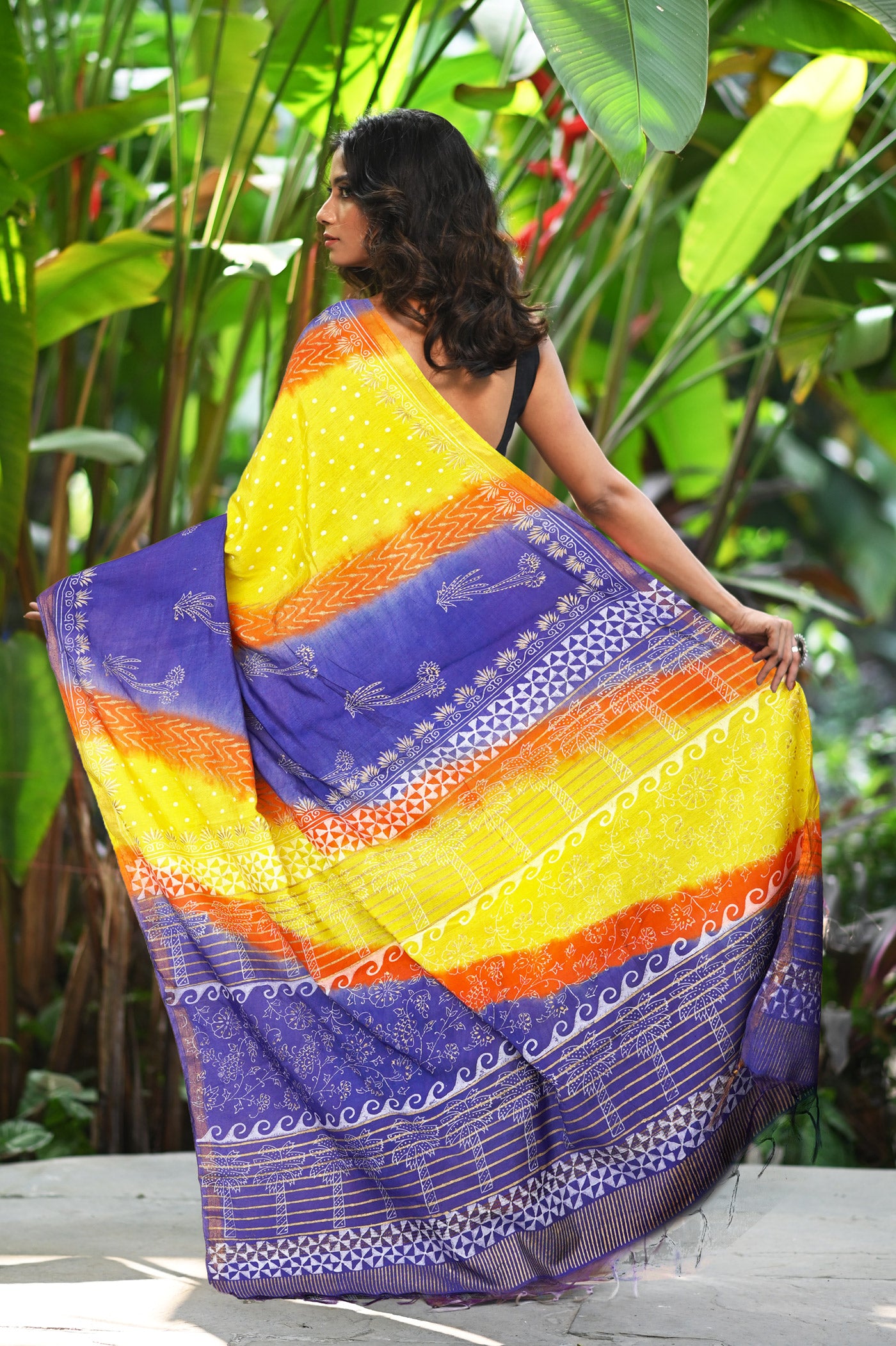 Blue-Yellow Pure Gold Embossed Printed Pashmina Sico Saree-UNM80954