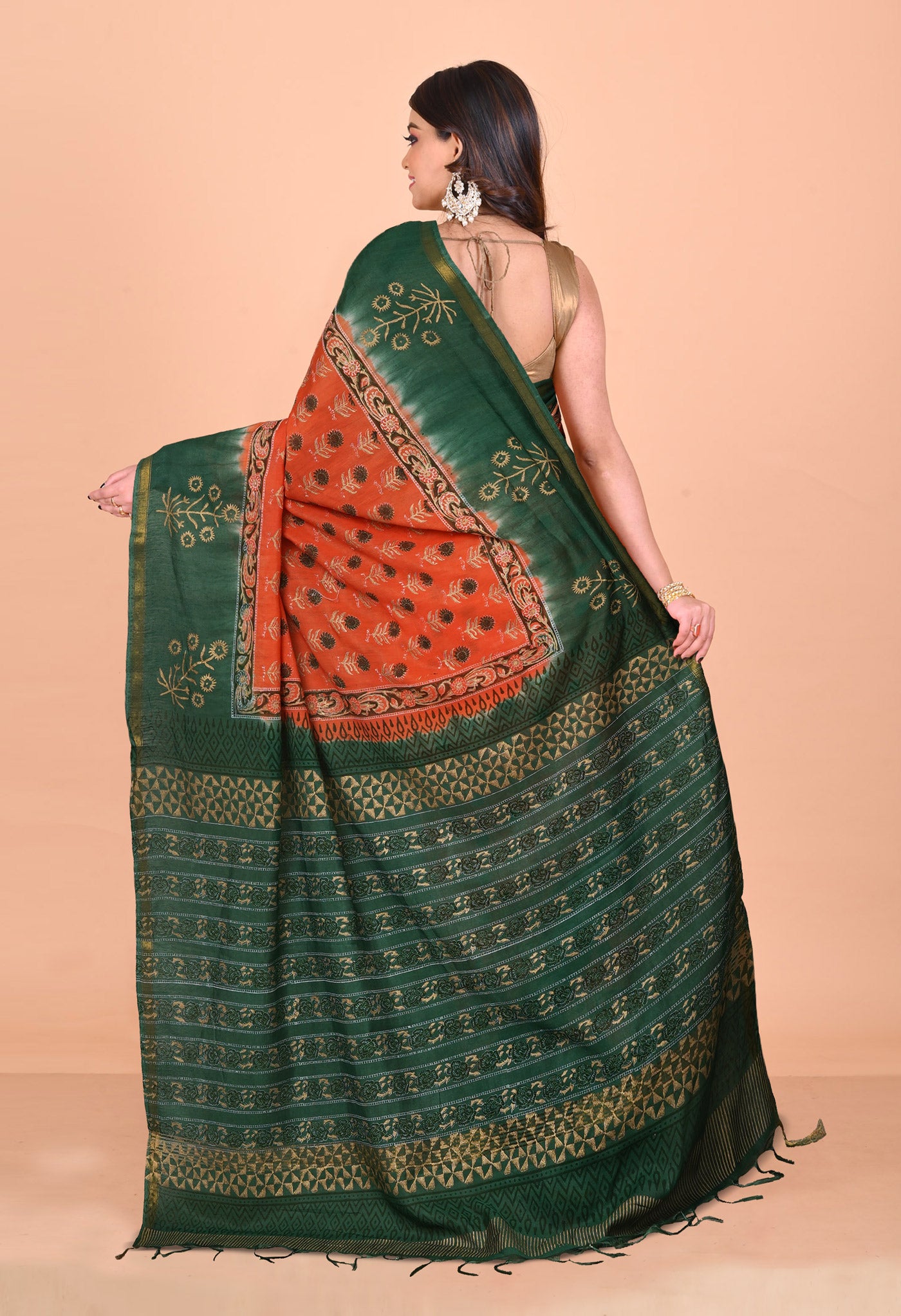 Orange-Green Pure Gold Embossed Printed Pashmina Sico Saree-UNM80955