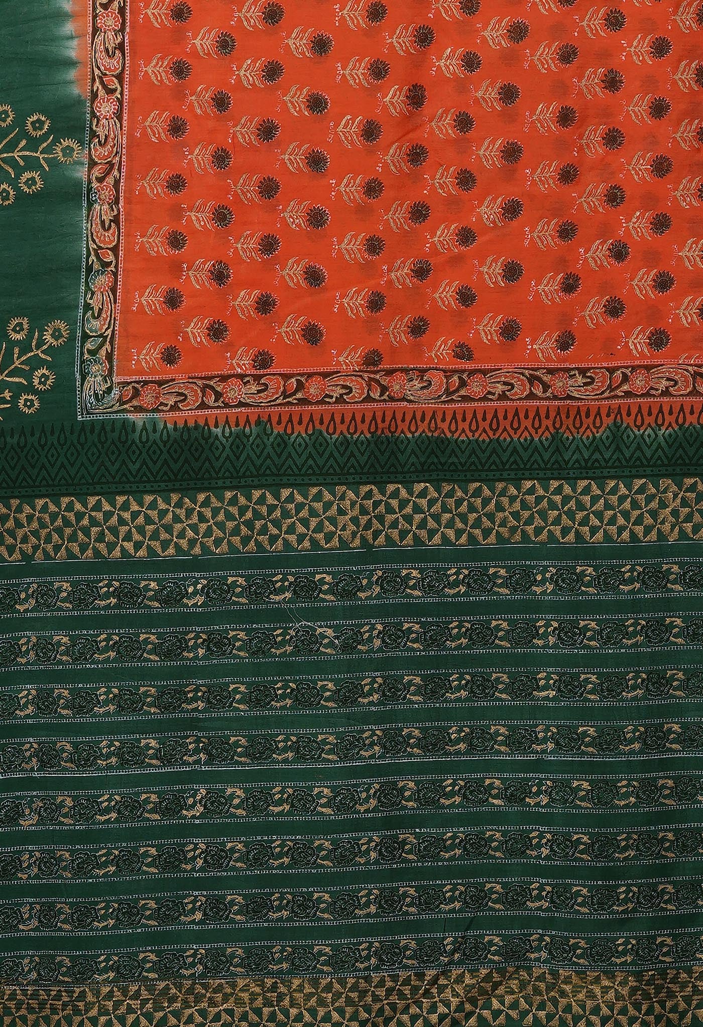 Orange-Green Pure Gold Embossed Printed Pashmina Sico Saree-UNM80955