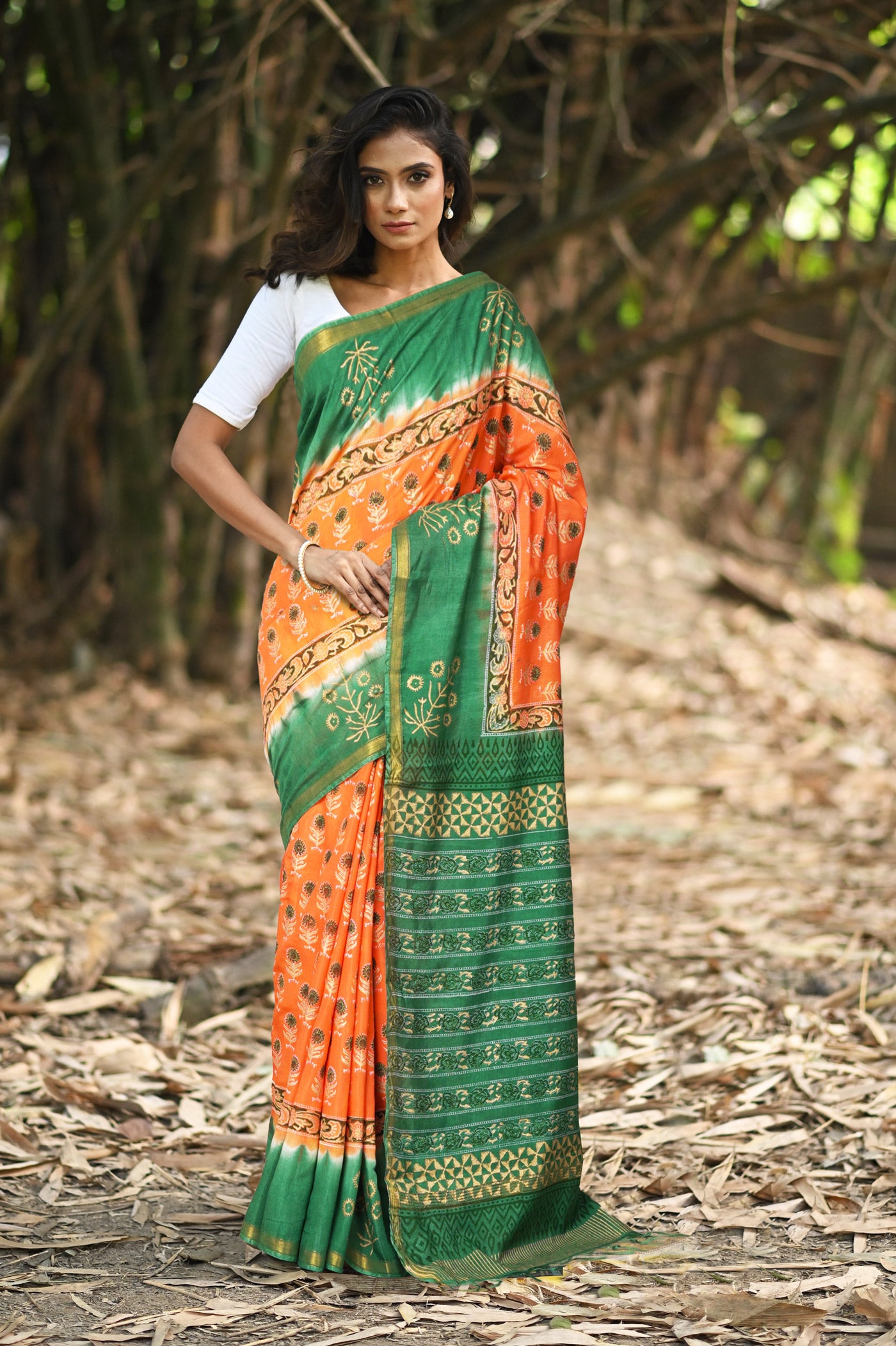 Orange-Green Pure Gold Embossed Printed Pashmina Sico Saree-UNM80955