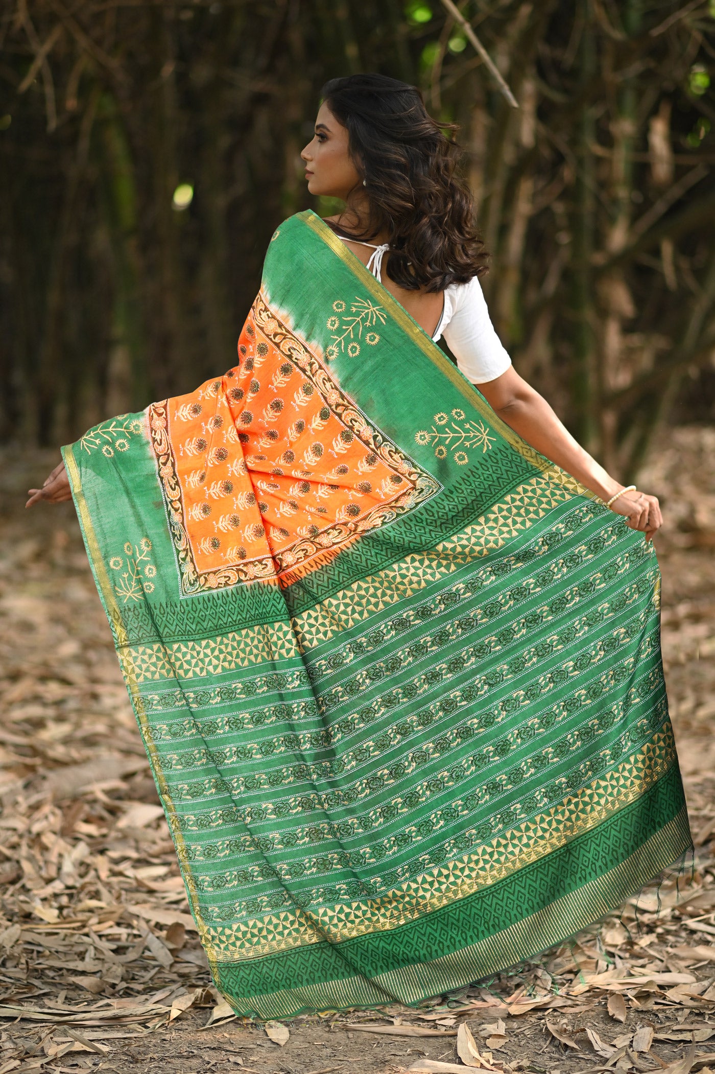 Orange-Green Pure Gold Embossed Printed Pashmina Sico Saree-UNM80955