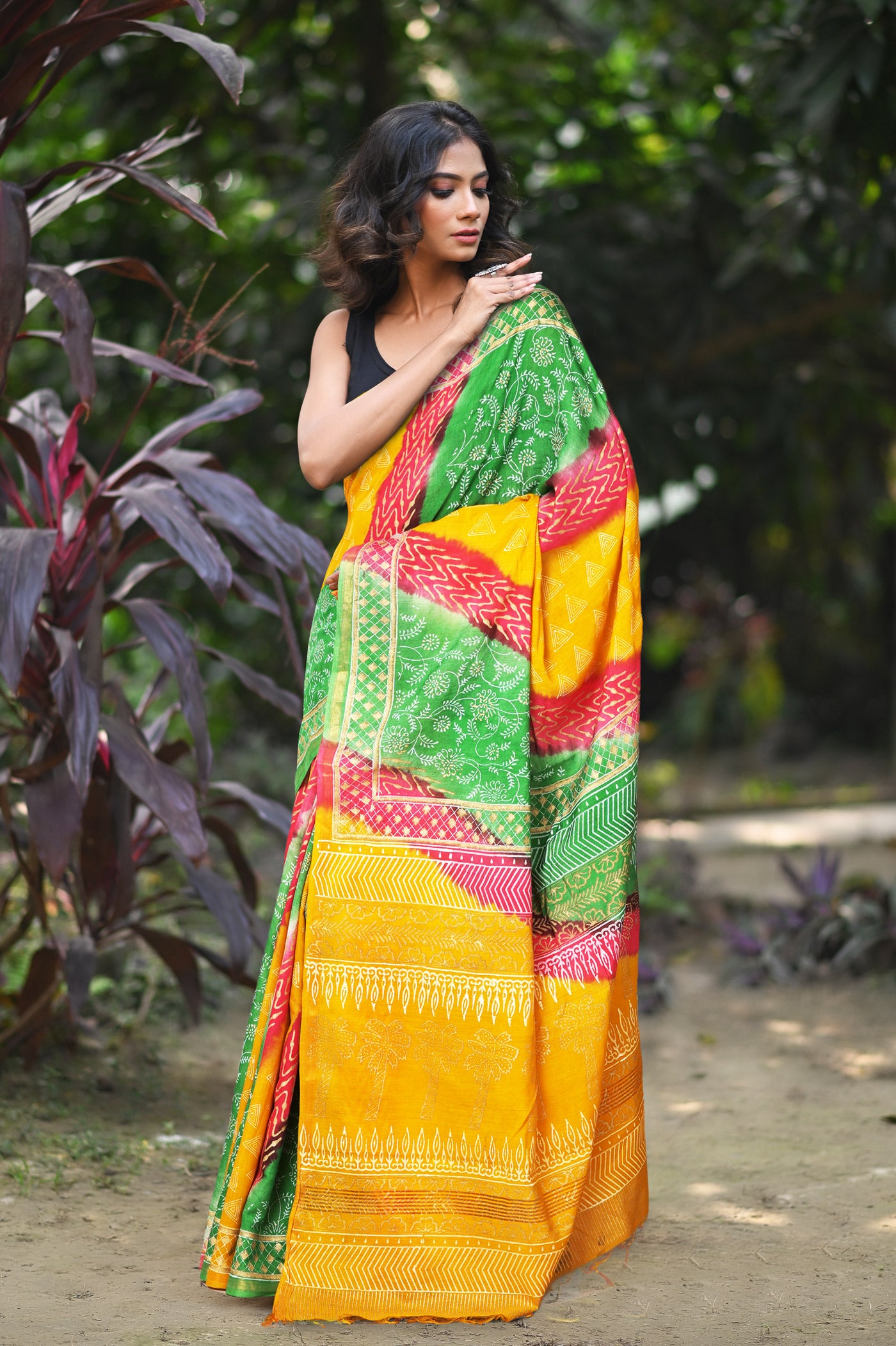 Yellow-Green Pure Gold Embossed Printed Pashmina Sico Saree-UNM80956