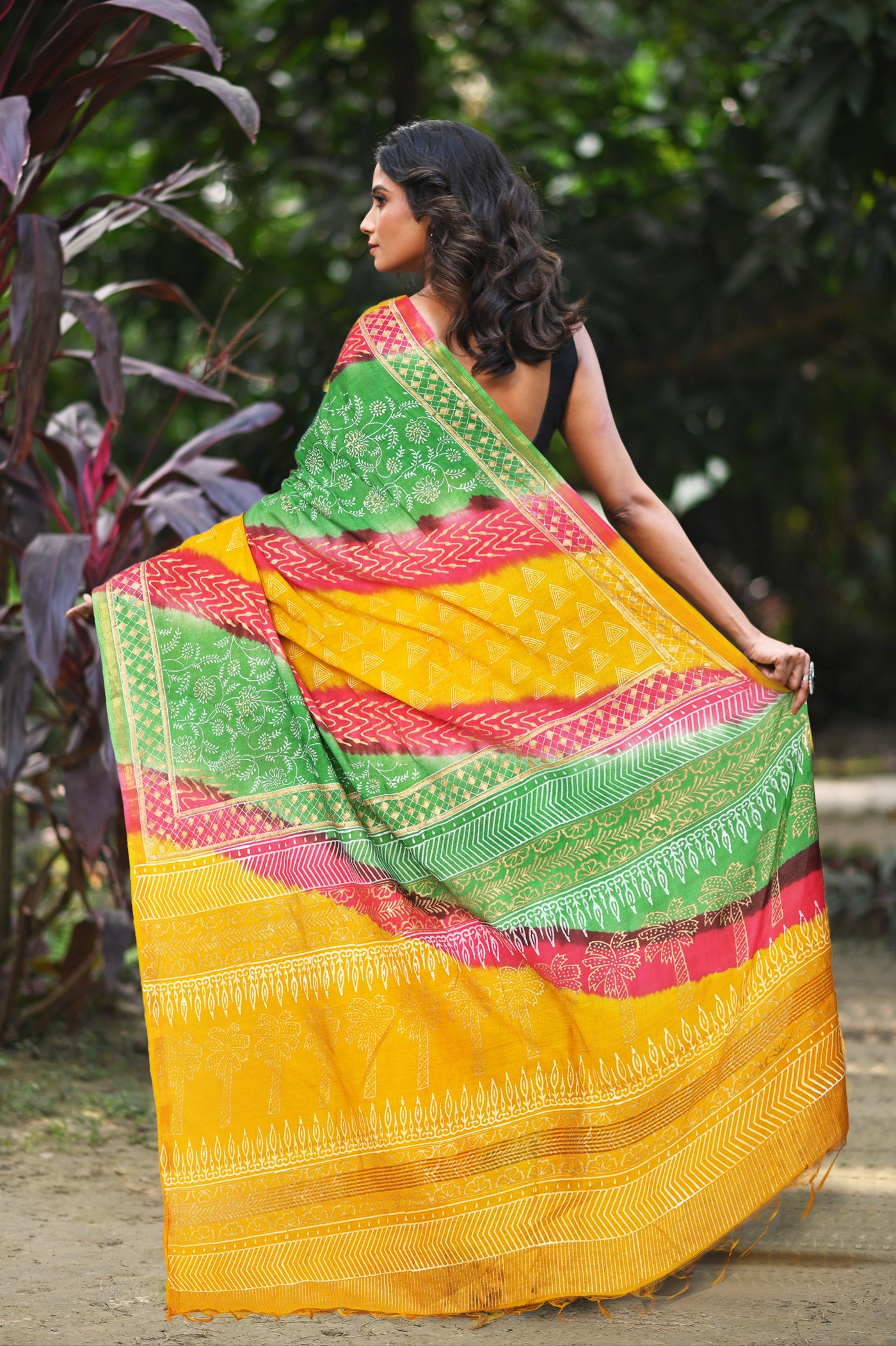 Yellow-Green Pure Gold Embossed Printed Pashmina Sico Saree-UNM80956