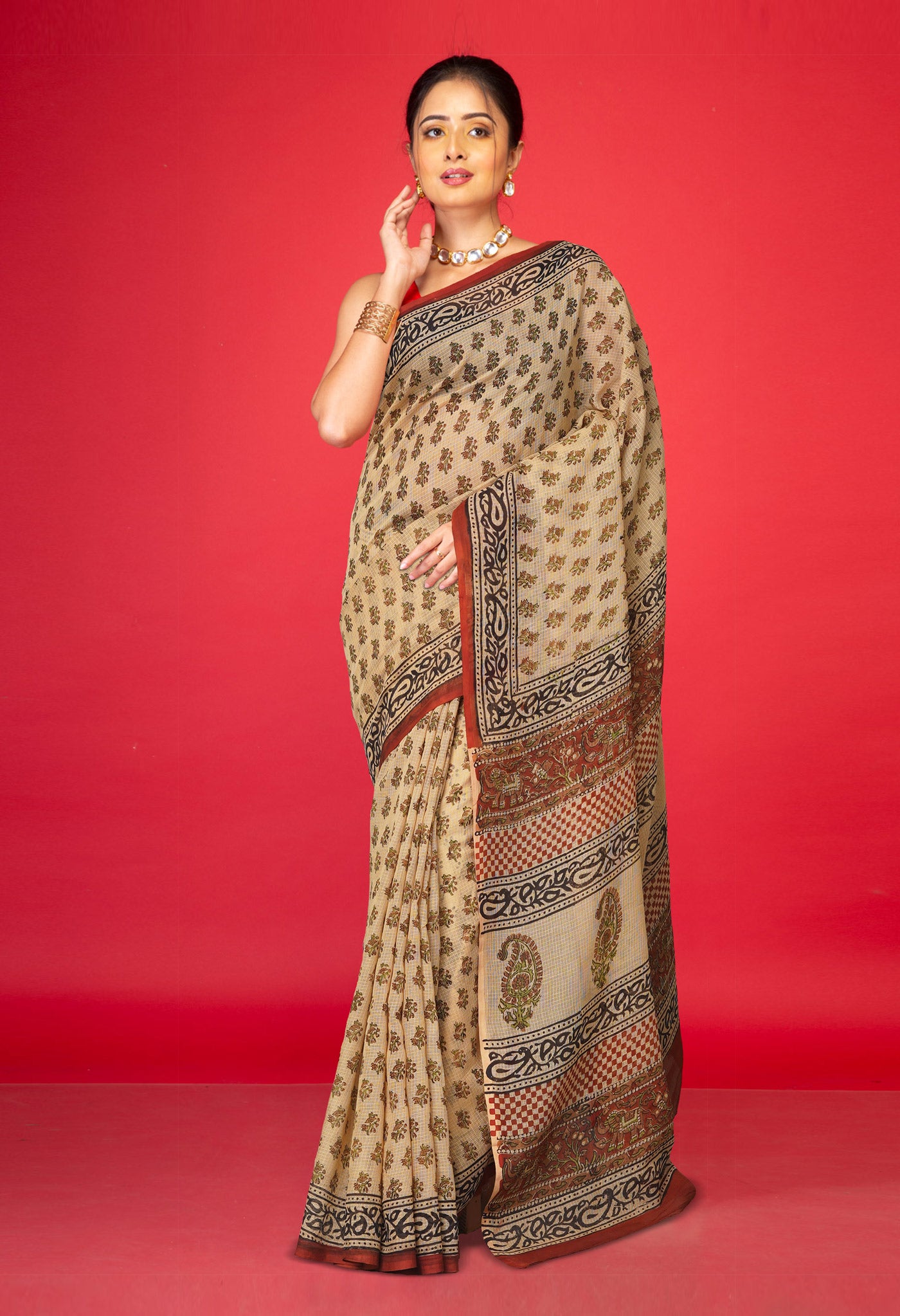 Cream Pure Bagru Kalamkari Printed Kota Saree-UNM80959