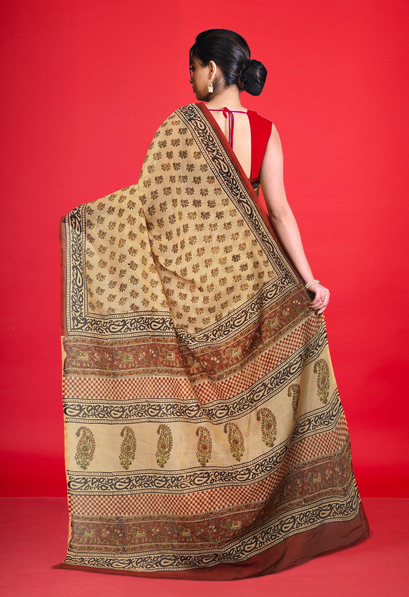 Cream Pure Bagru Kalamkari Printed Kota Saree-UNM80959