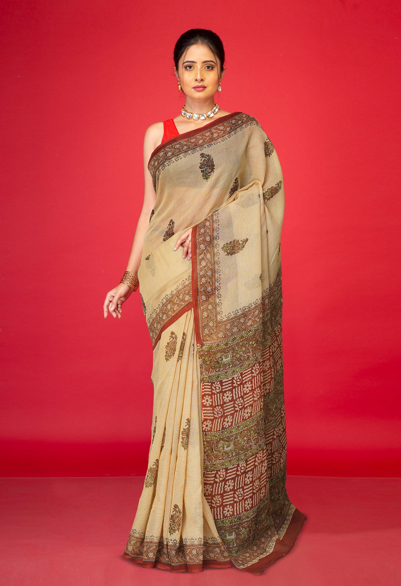 Cream Pure Bagru Kalamkari Printed Kota Saree-UNM80960