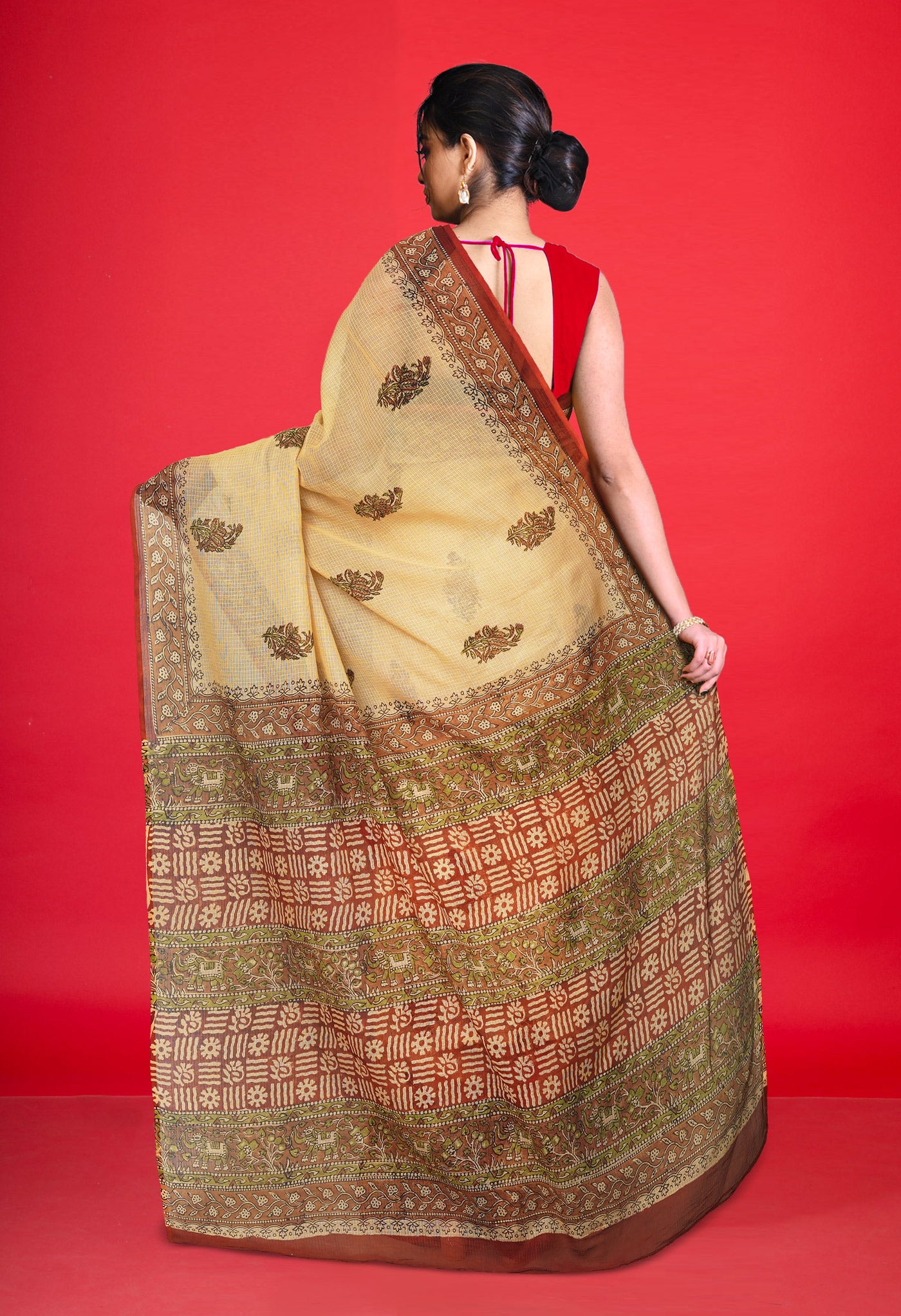 Cream Pure Bagru Kalamkari Printed Kota Saree-UNM80960