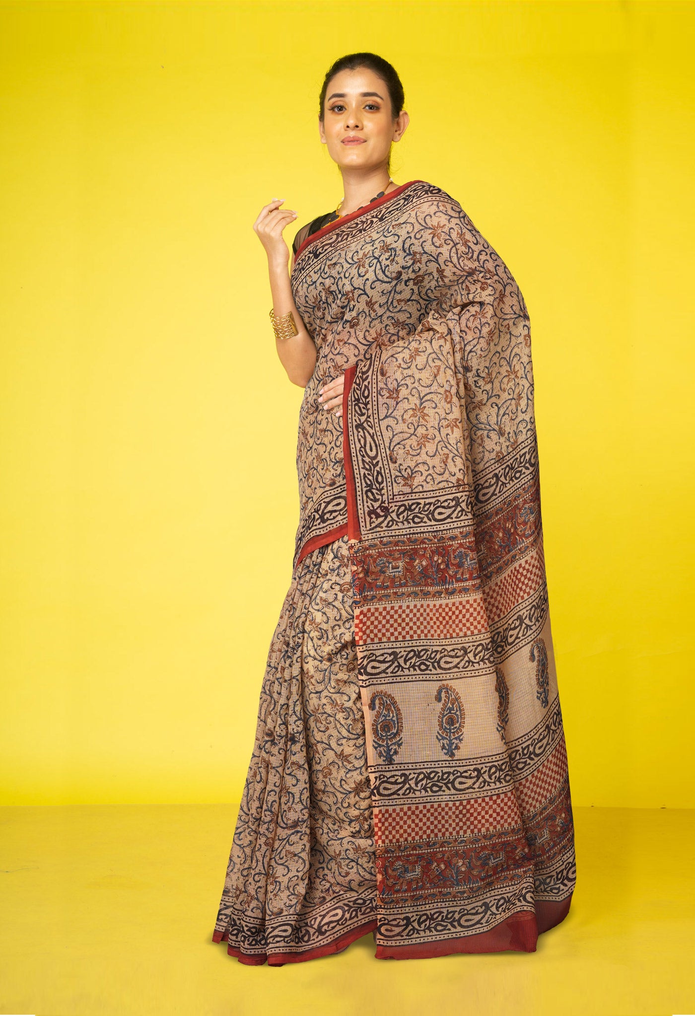 Cream Pure Bagru Kalamkari Printed Kota Saree-UNM80962