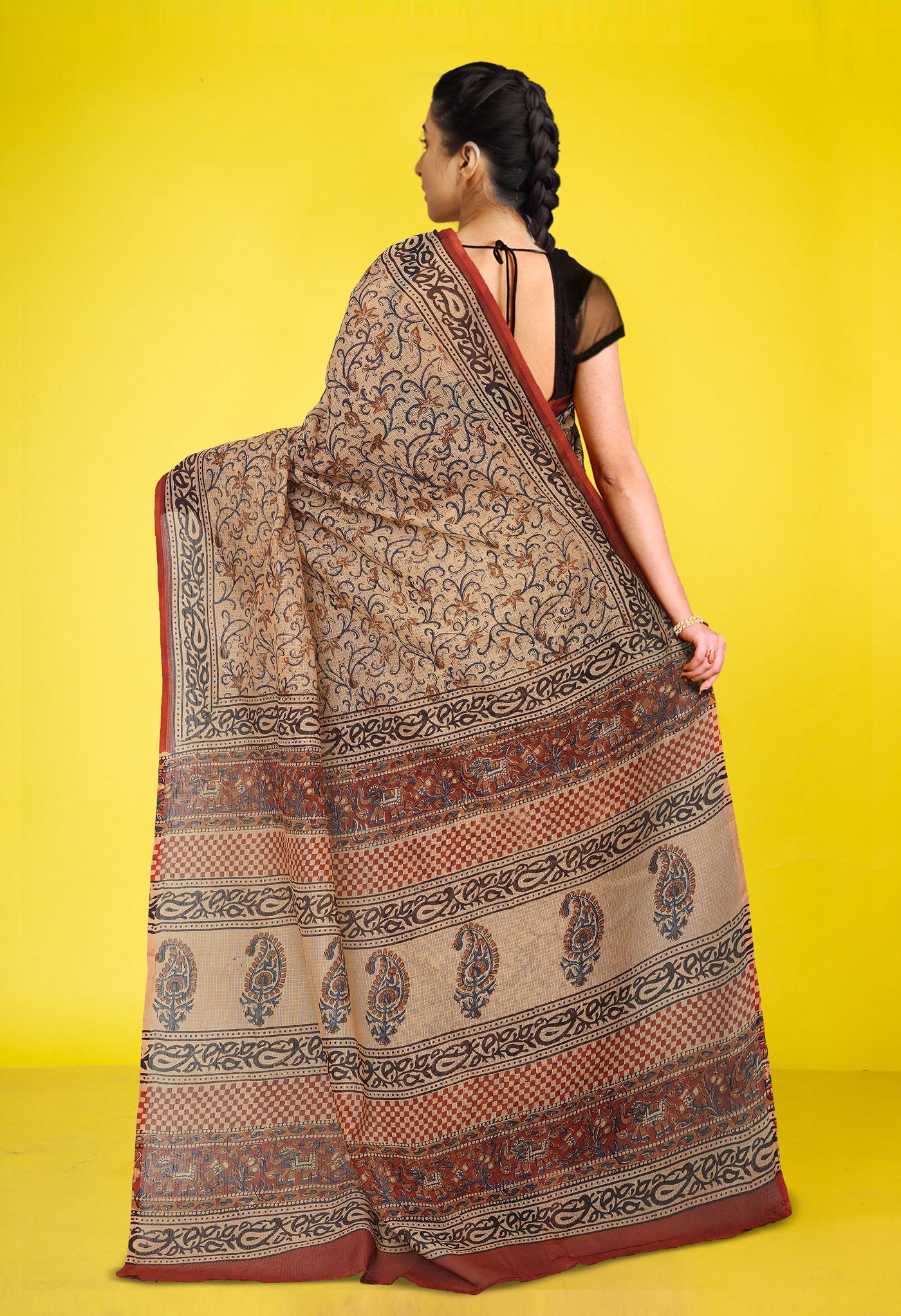 Cream Pure Bagru Kalamkari Printed Kota Saree-UNM80962