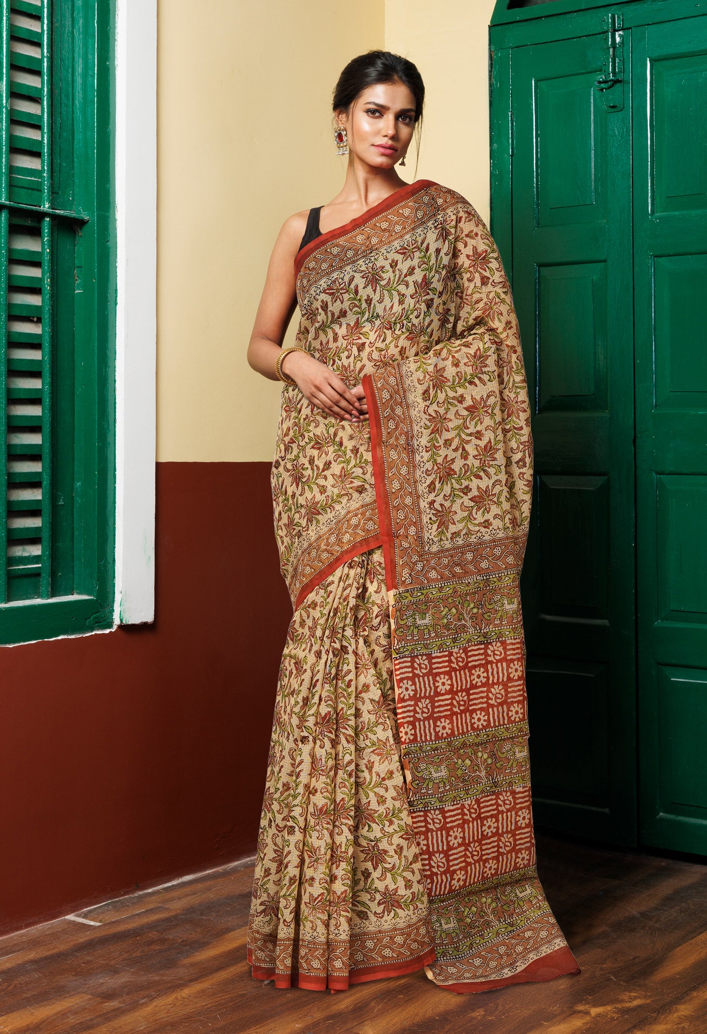 Cream Pure Bagru Kalamkari Printed Kota Saree-UNM80963