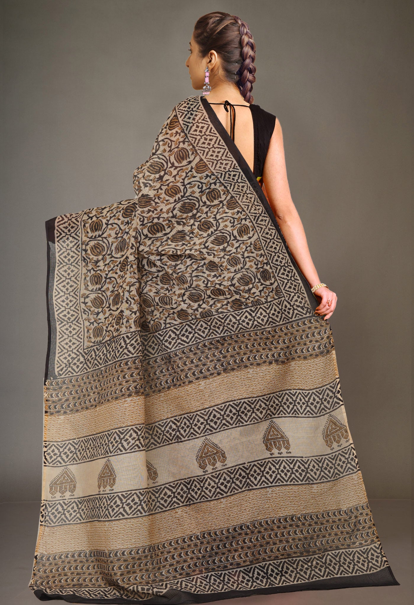 Cream Pure Bagru Kalamkari Printed Kota Saree-UNM80964