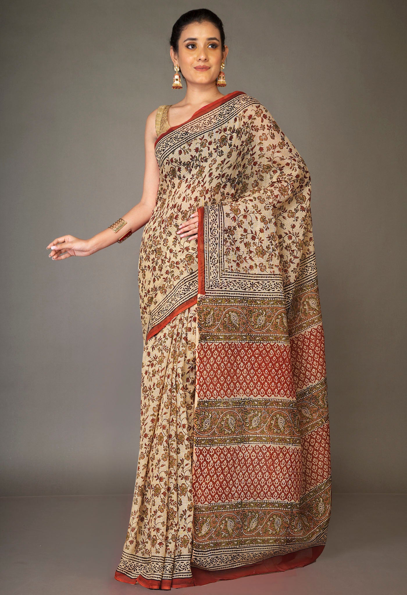 Cream Pure Bagru Kalamkari Printed Kota Saree-UNM80965