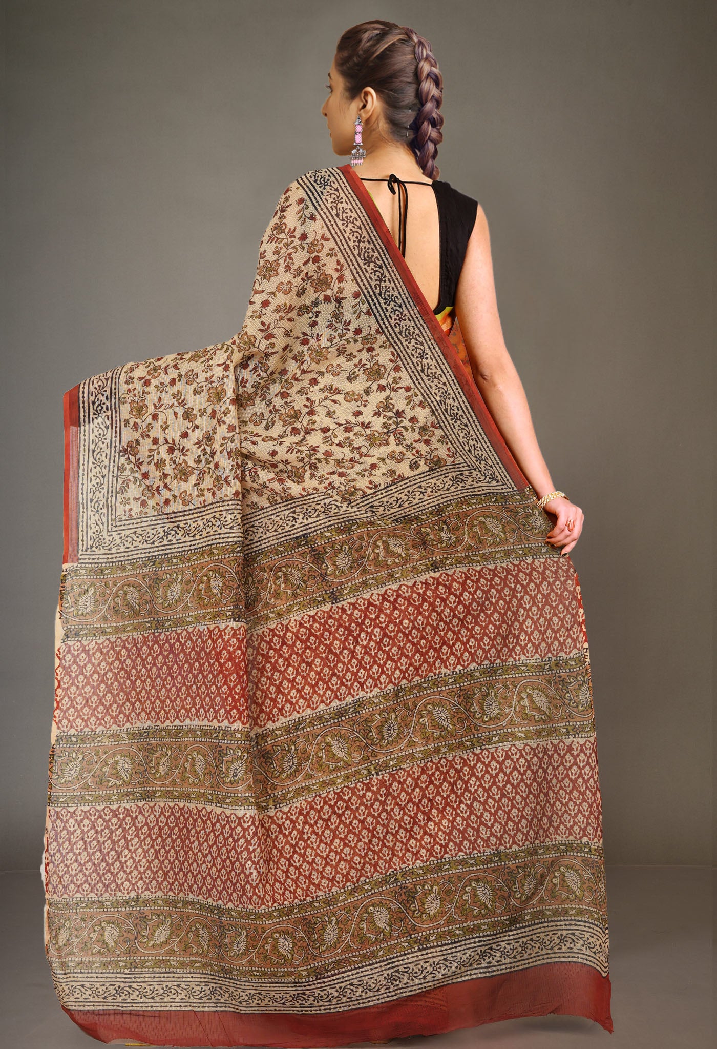 Cream Pure Bagru Kalamkari Printed Kota Saree-UNM80965