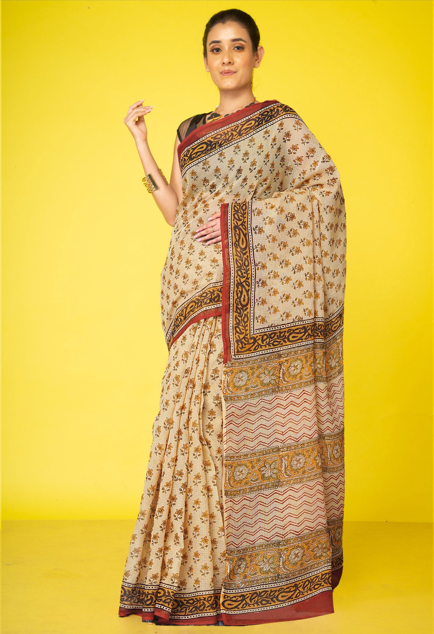 Cream Pure Bagru Kalamkari Printed Kota Saree-UNM80966