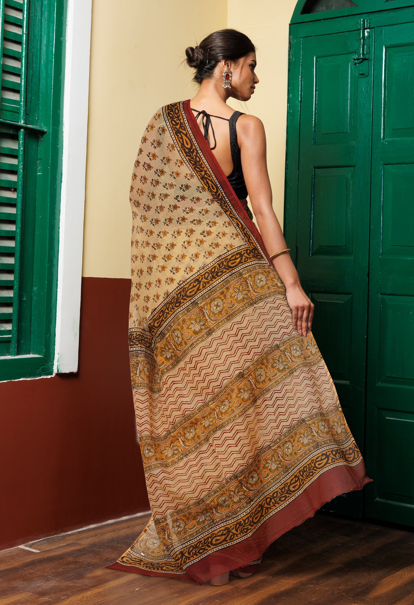 Cream Pure Bagru Kalamkari Printed Kota Saree-UNM80966