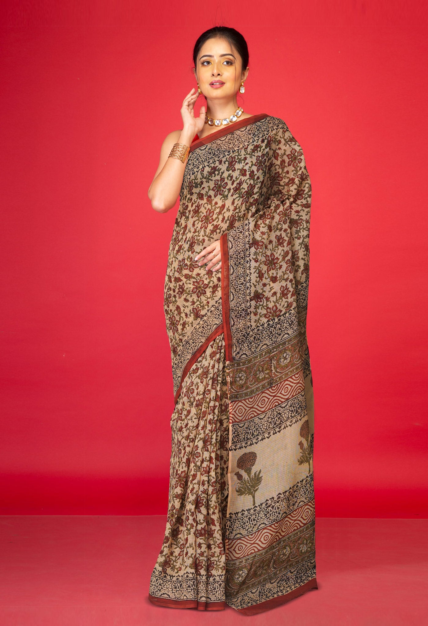 Cream Pure Bagru Kalamkari Printed Kota Saree-UNM80969