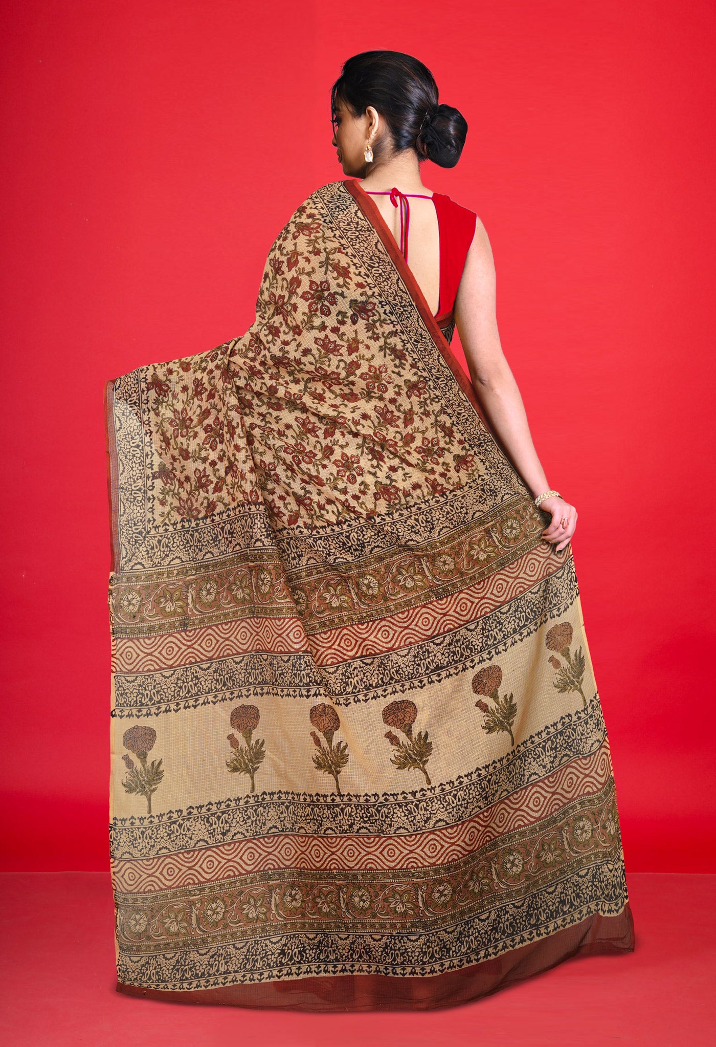 Cream Pure Bagru Kalamkari Printed Kota Saree-UNM80969