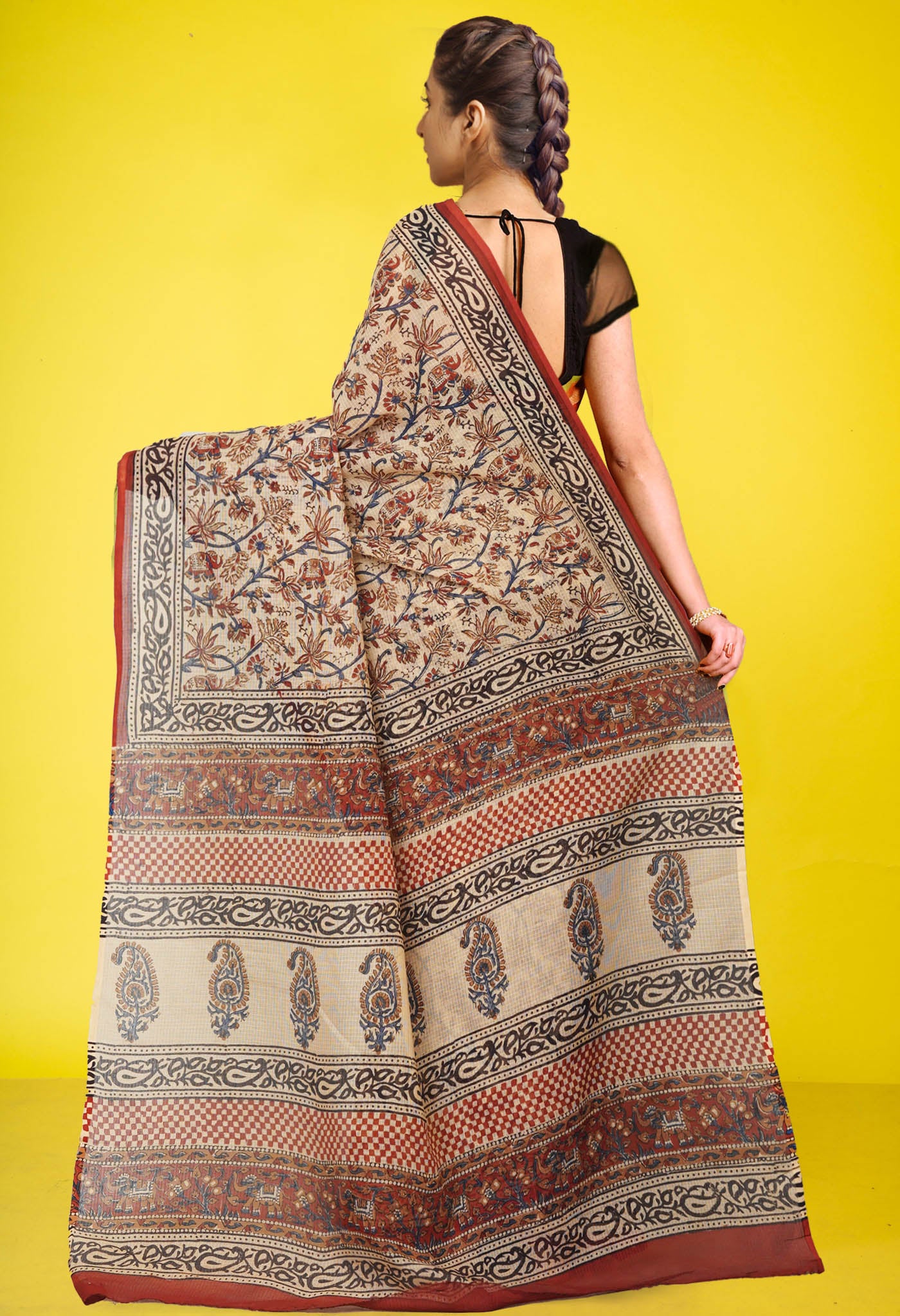 Cream Pure Bagru Kalamkari Printed Kota Saree-UNM80972