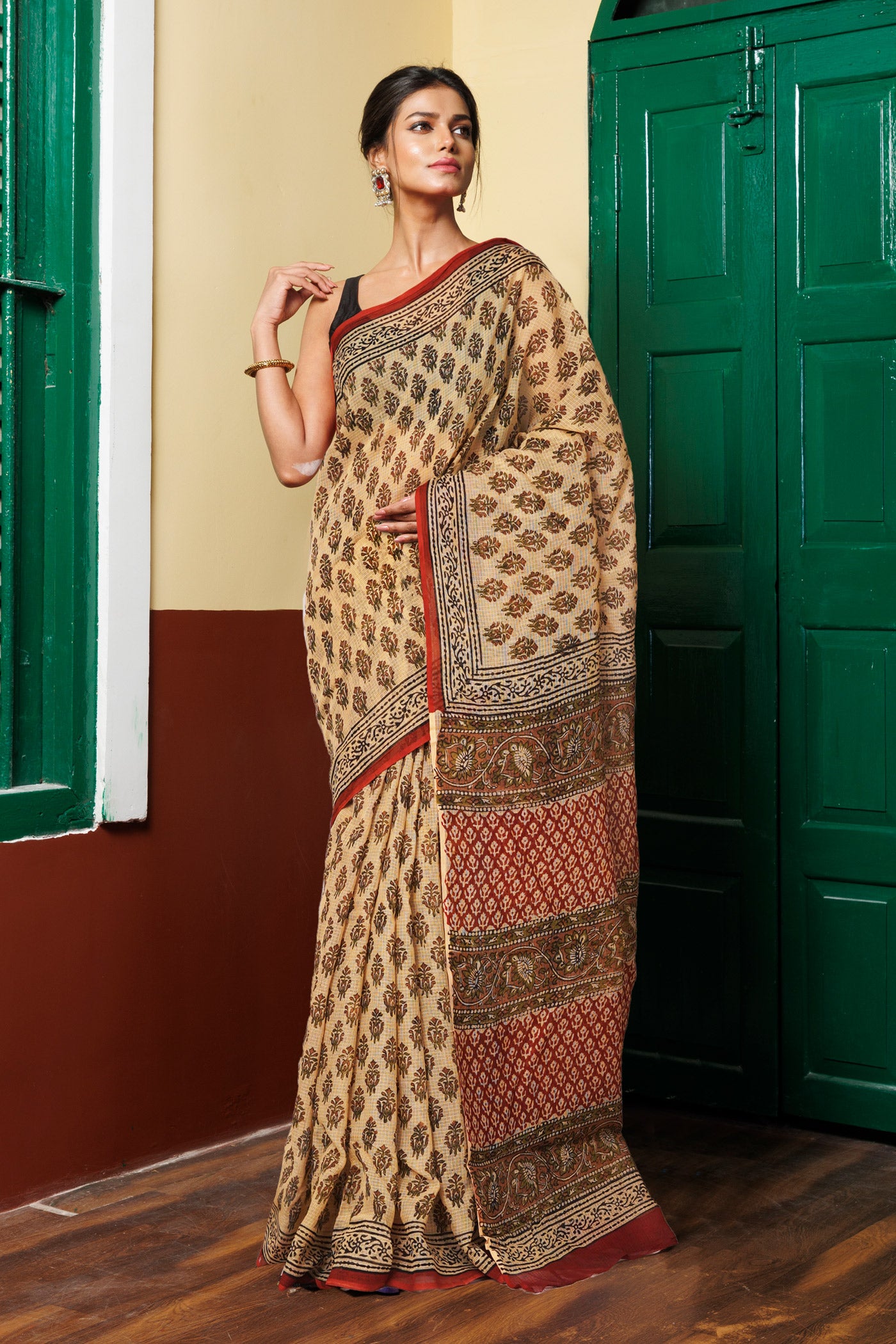 Cream Pure Bagru Kalamkari Printed Kota Saree-UNM80974