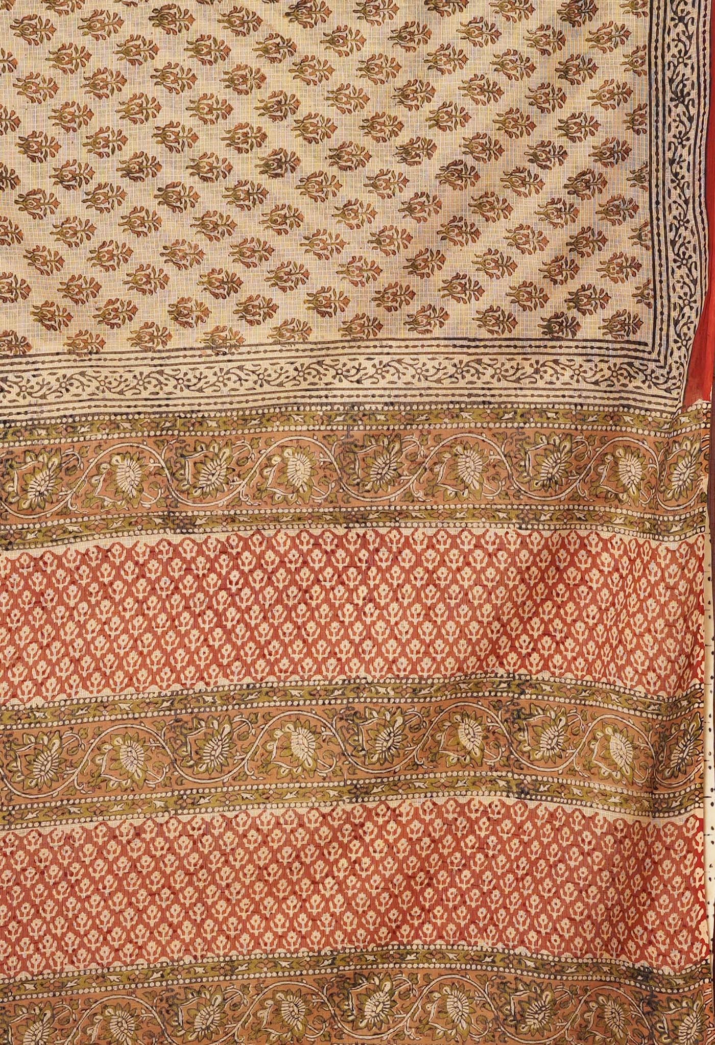 Cream Pure Bagru Kalamkari Printed Kota Saree-UNM80974