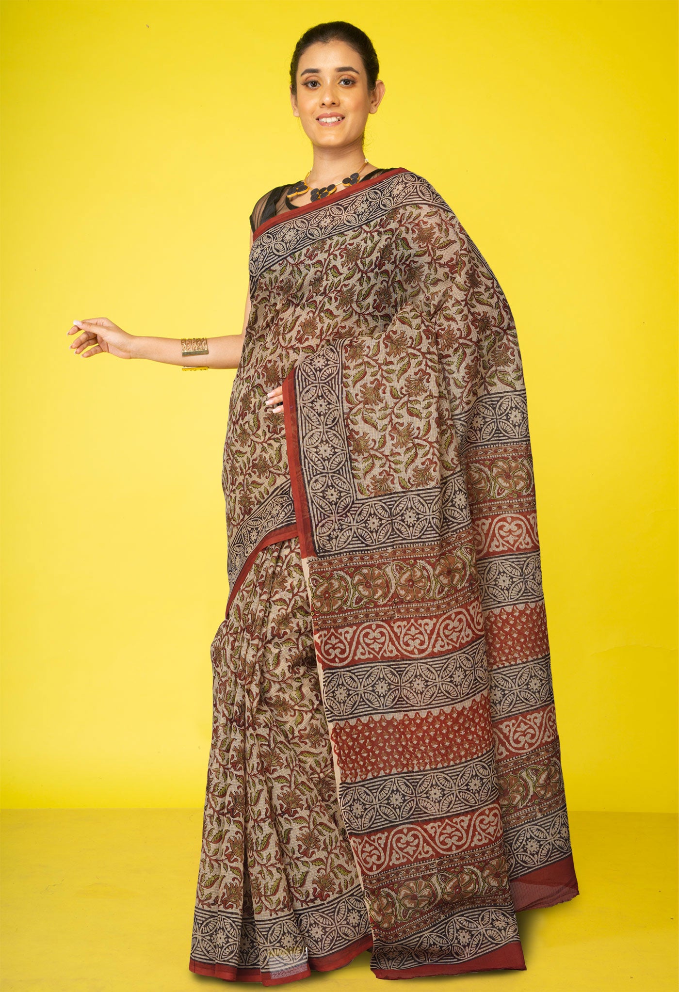 Cream Pure Bagru Kalamkari Printed Kota Saree-UNM80976