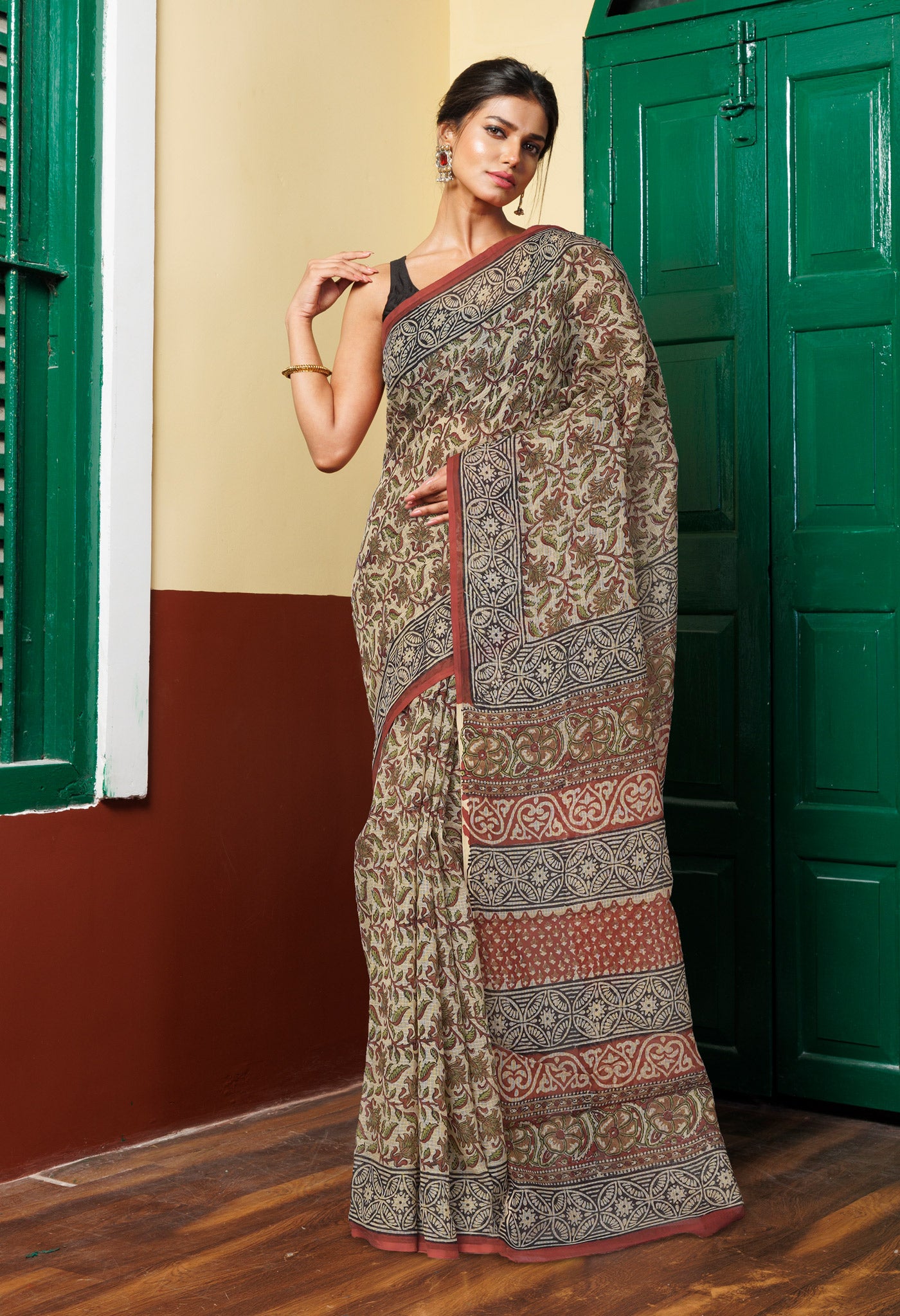 Cream Pure Bagru Kalamkari Printed Kota Saree-UNM80976