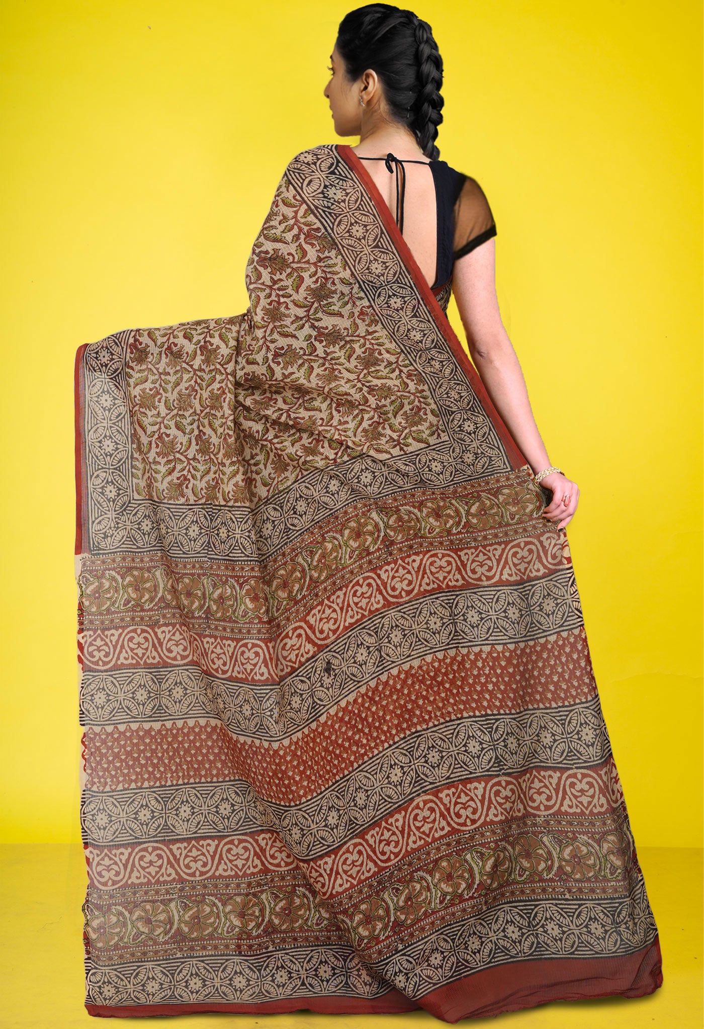 Cream Pure Bagru Kalamkari Printed Kota Saree-UNM80976