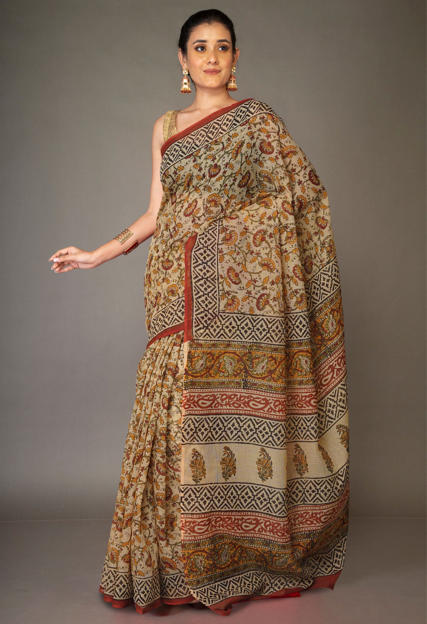 Cream Pure Bagru Kalamkari Printed Kota Saree-UNM80977