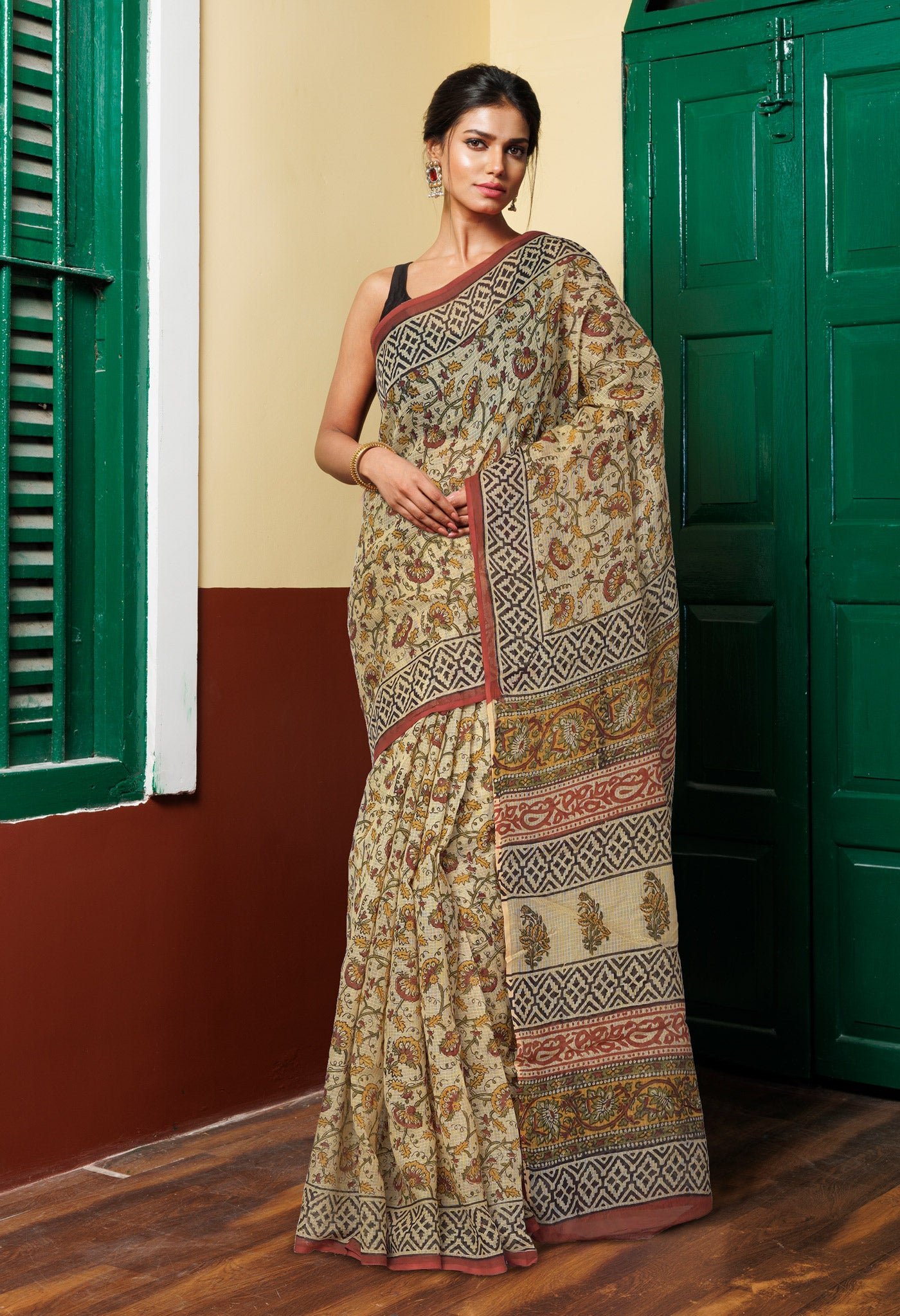 Cream Pure Bagru Kalamkari Printed Kota Saree-UNM80977