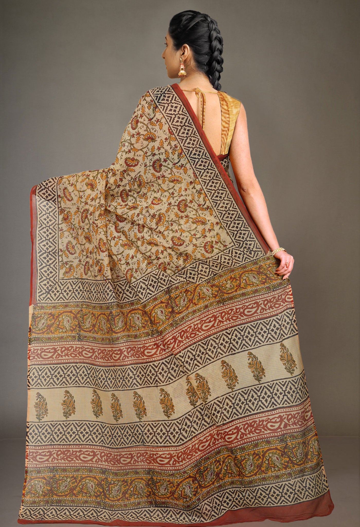 Cream Pure Bagru Kalamkari Printed Kota Saree-UNM80977