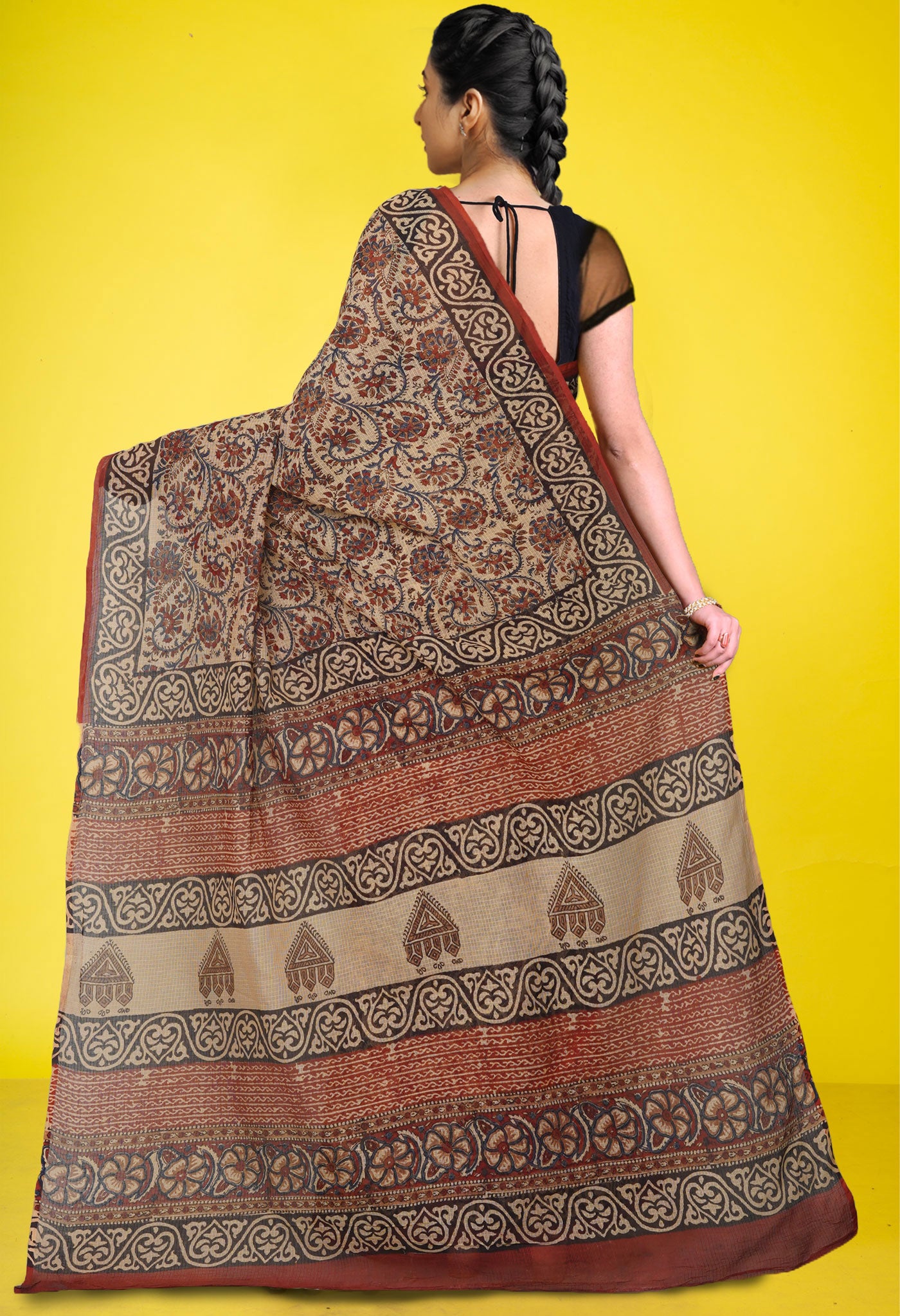 Cream Pure Bagru Kalamkari Printed Kota Saree-UNM80979