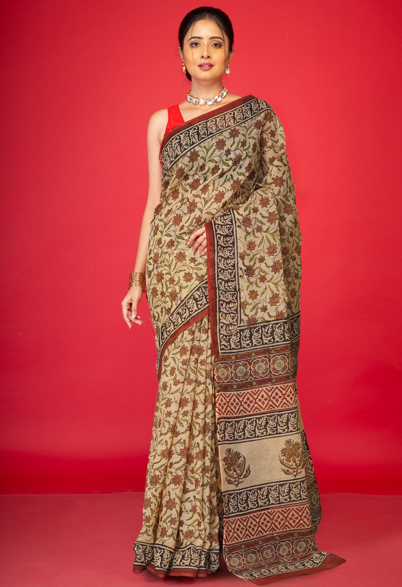 Cream Pure Bagru Kalamkari Printed Kota Saree-UNM80980