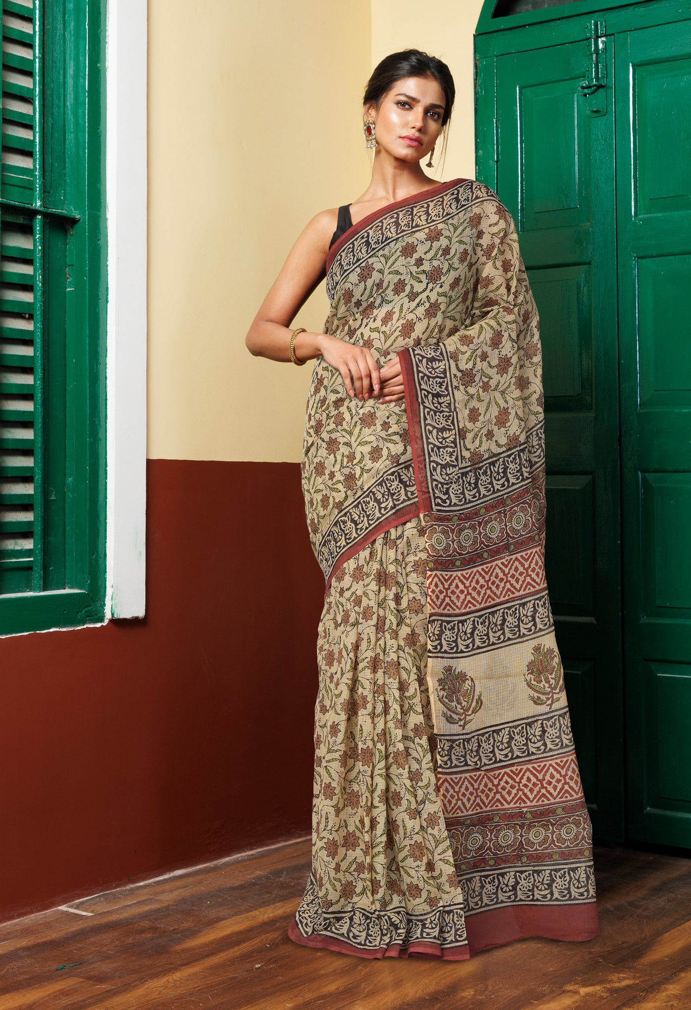 Cream Pure Bagru Kalamkari Printed Kota Saree-UNM80980