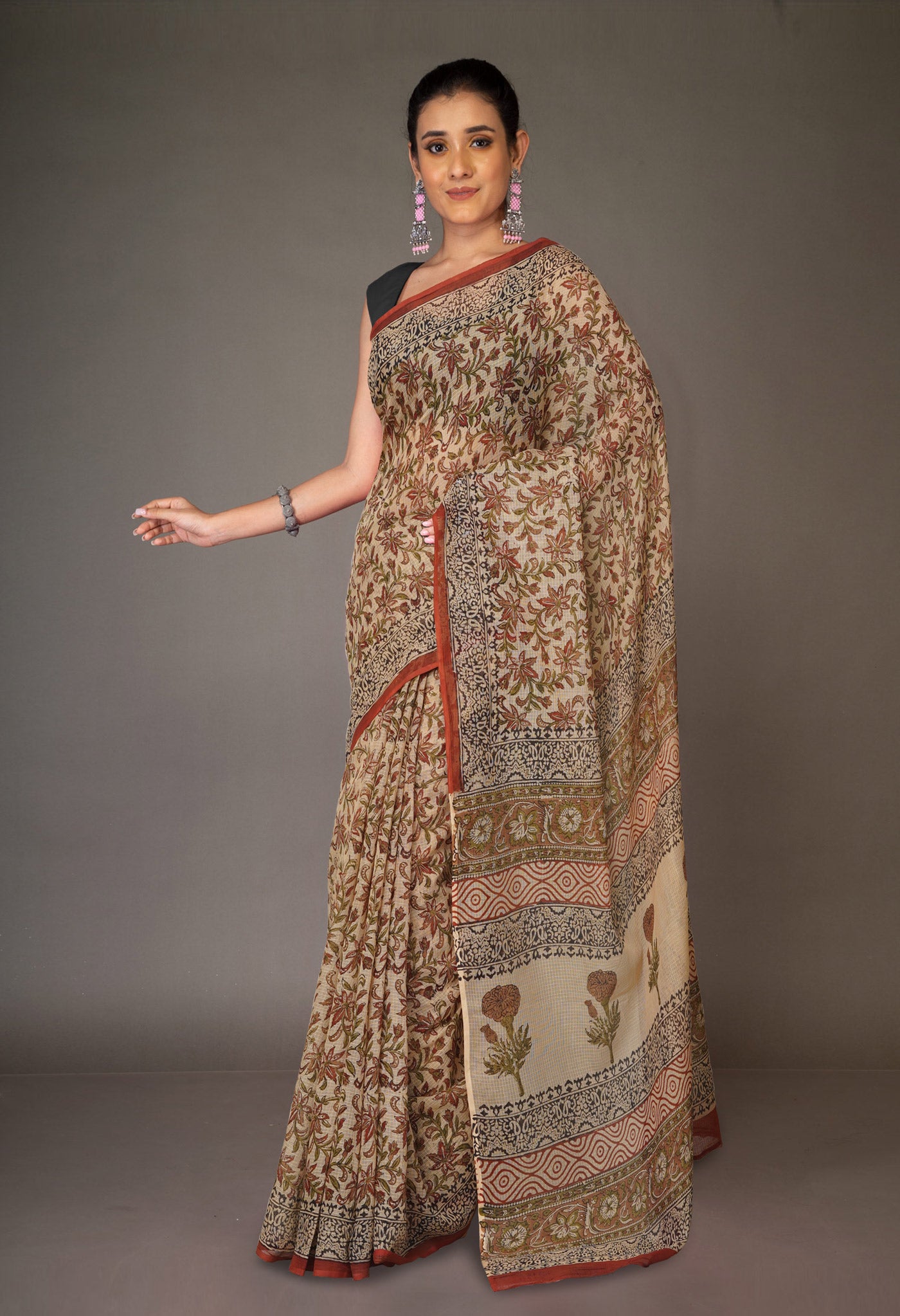 Cream Pure Bagru Kalamkari Printed Kota Saree-UNM80981