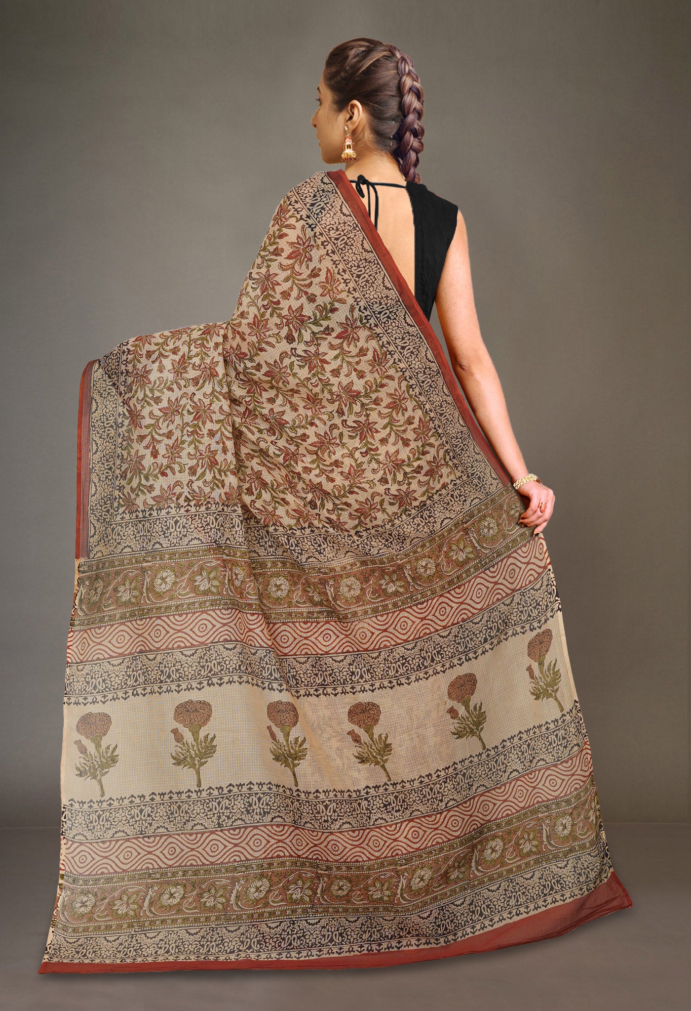 Cream Pure Bagru Kalamkari Printed Kota Saree-UNM80981