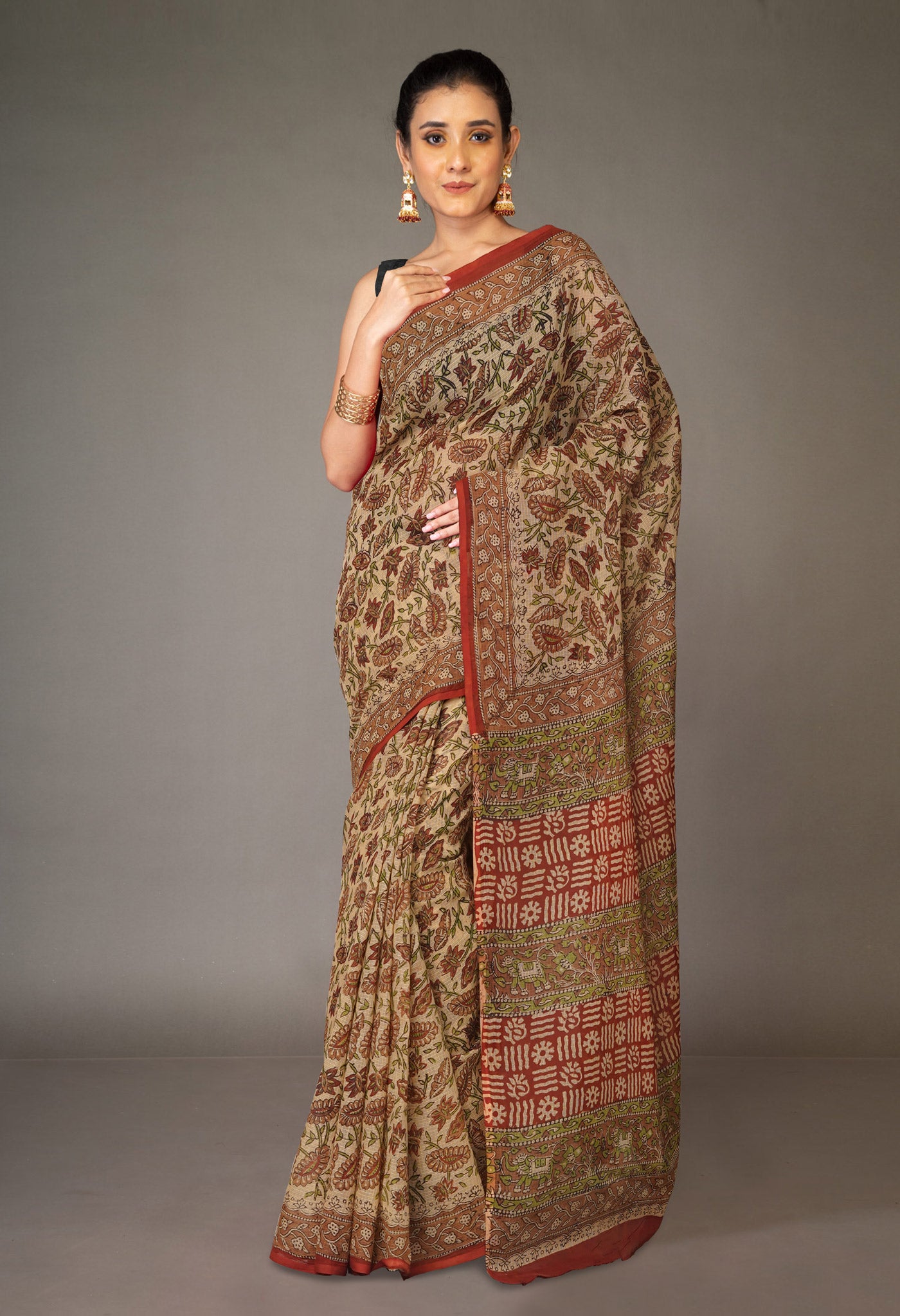 Cream Pure Bagru Kalamkari Printed Kota Saree-UNM80982