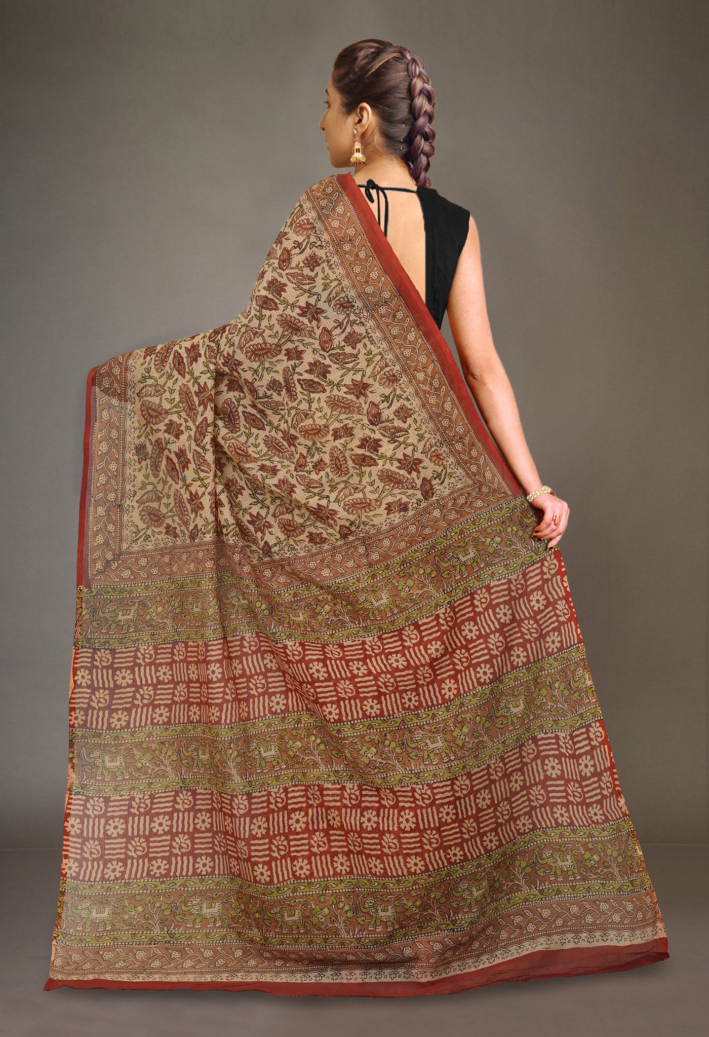 Cream Pure Bagru Kalamkari Printed Kota Saree-UNM80982