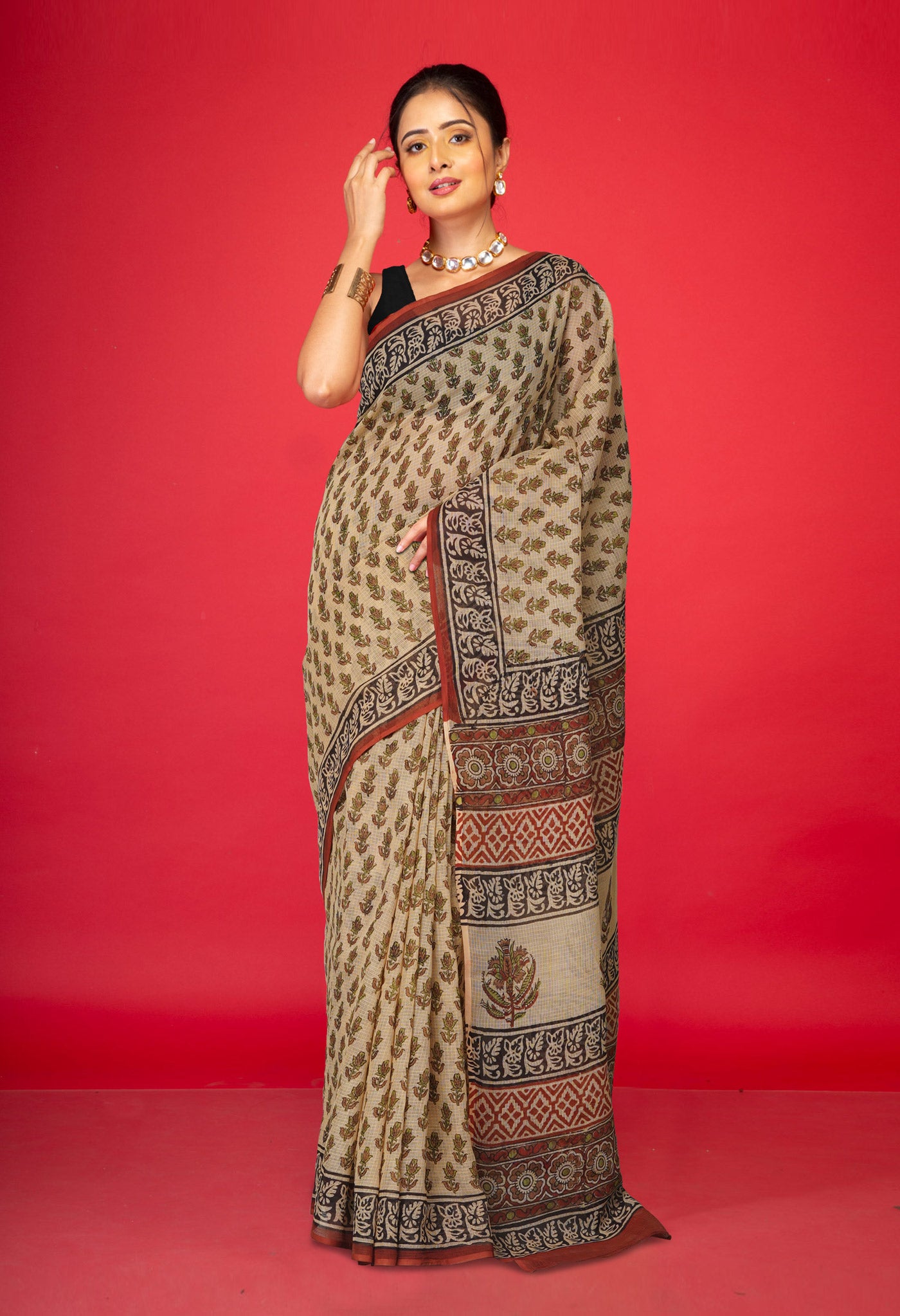 Cream Pure Bagru Kalamkari Printed Kota Saree-UNM80983