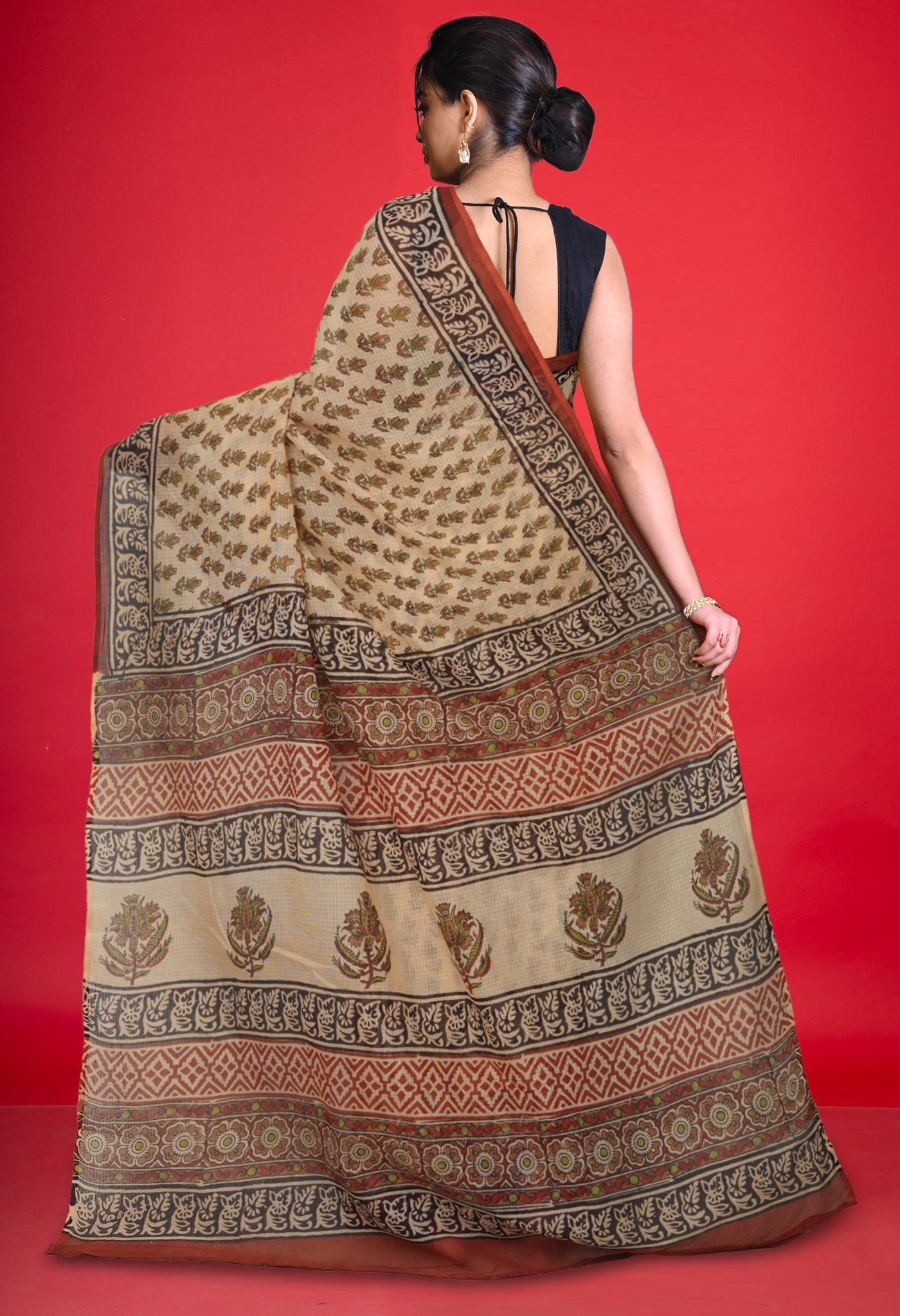 Cream Pure Bagru Kalamkari Printed Kota Saree-UNM80983