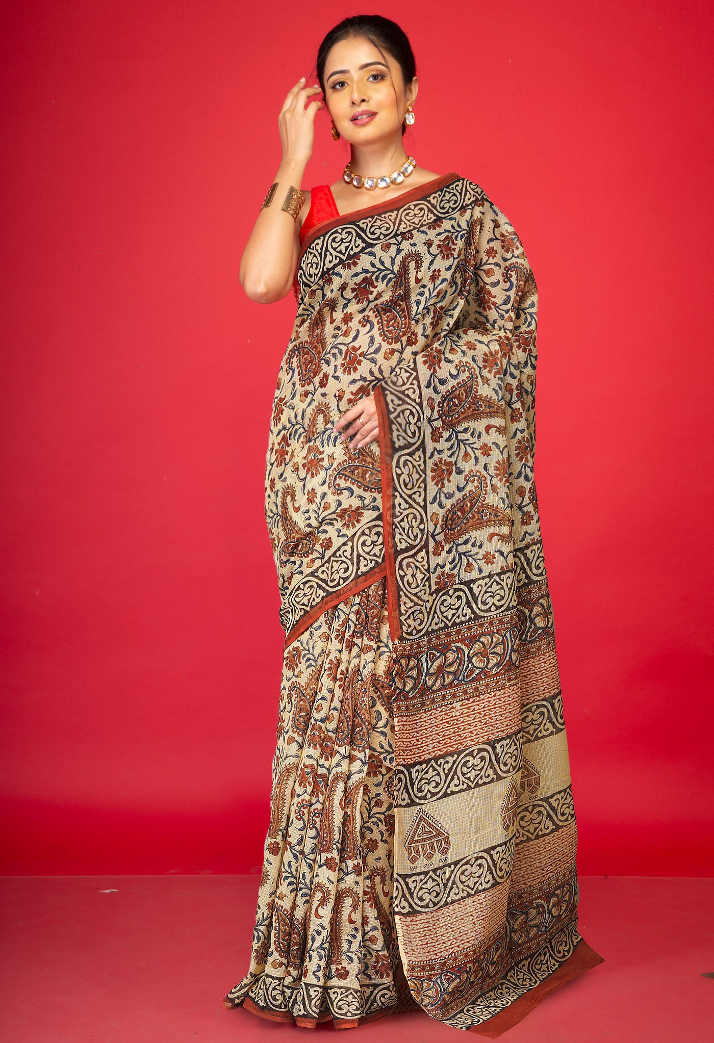 Cream Pure Bagru Kalamkari Printed Kota Saree-UNM80984