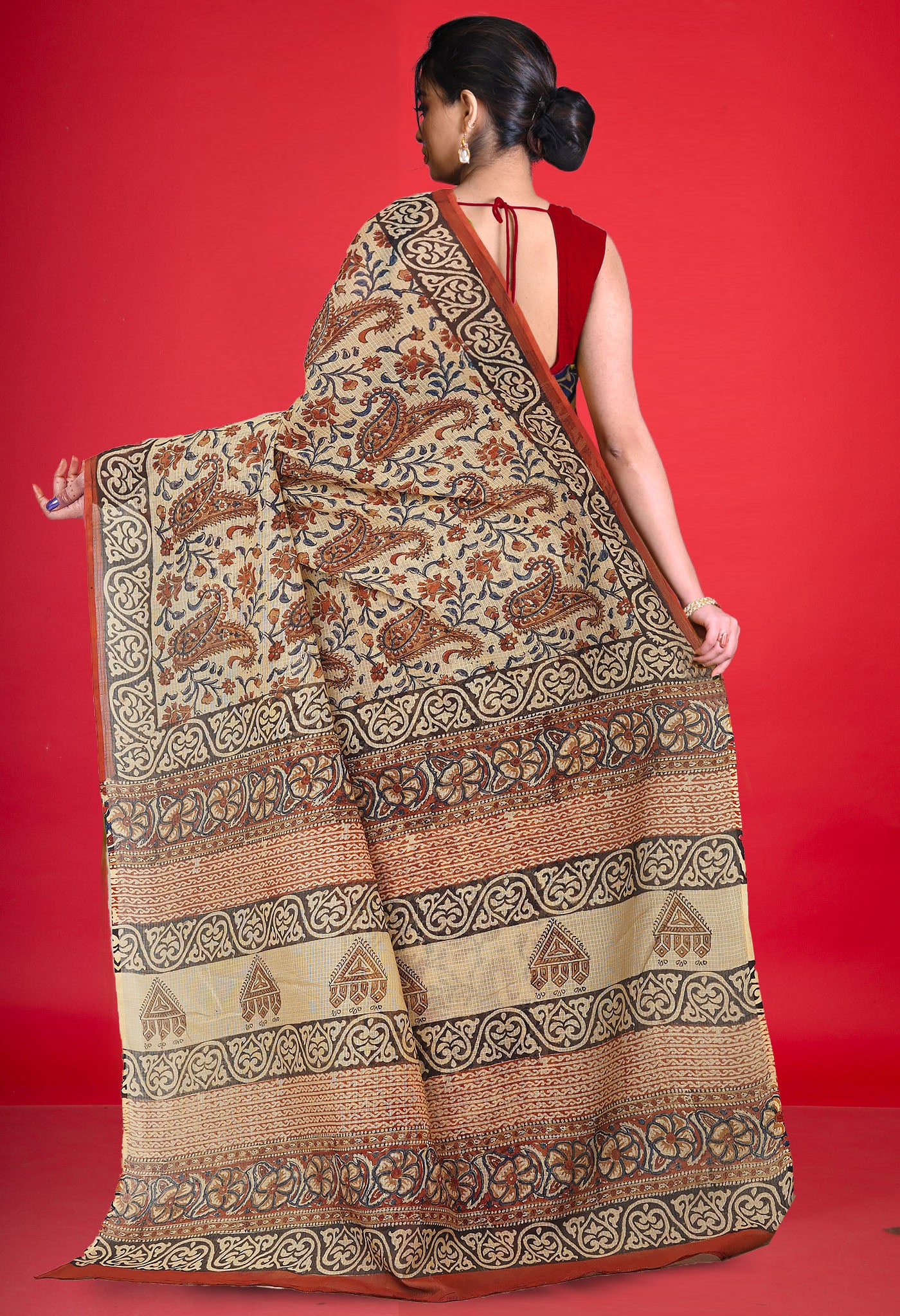 Cream Pure Bagru Kalamkari Printed Kota Saree-UNM80984