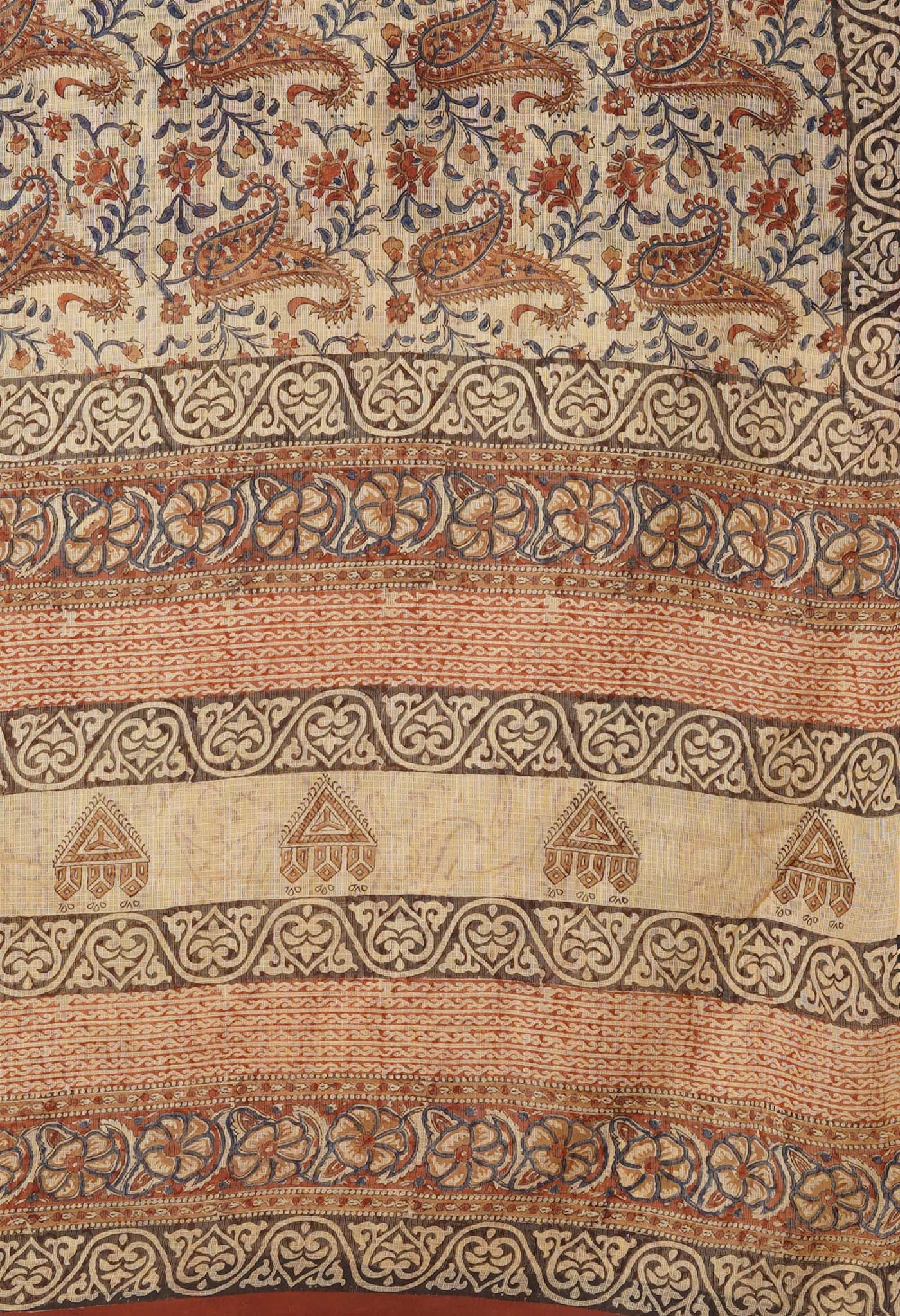 Cream Pure Bagru Kalamkari Printed Kota Saree-UNM80984