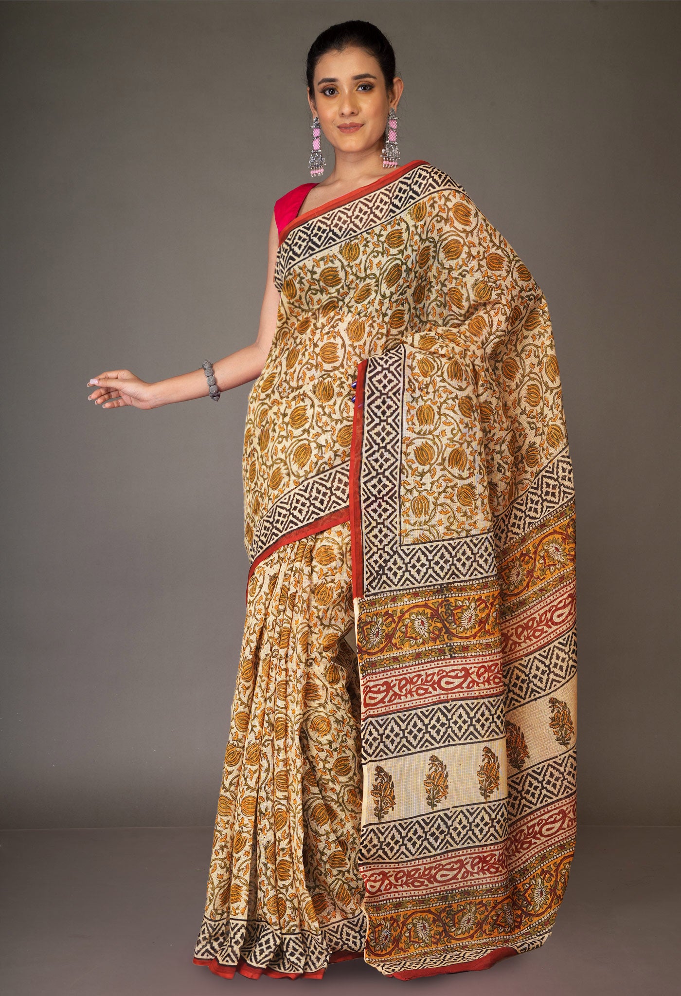 Cream Pure Bagru Kalamkari Printed Kota Saree-UNM80985