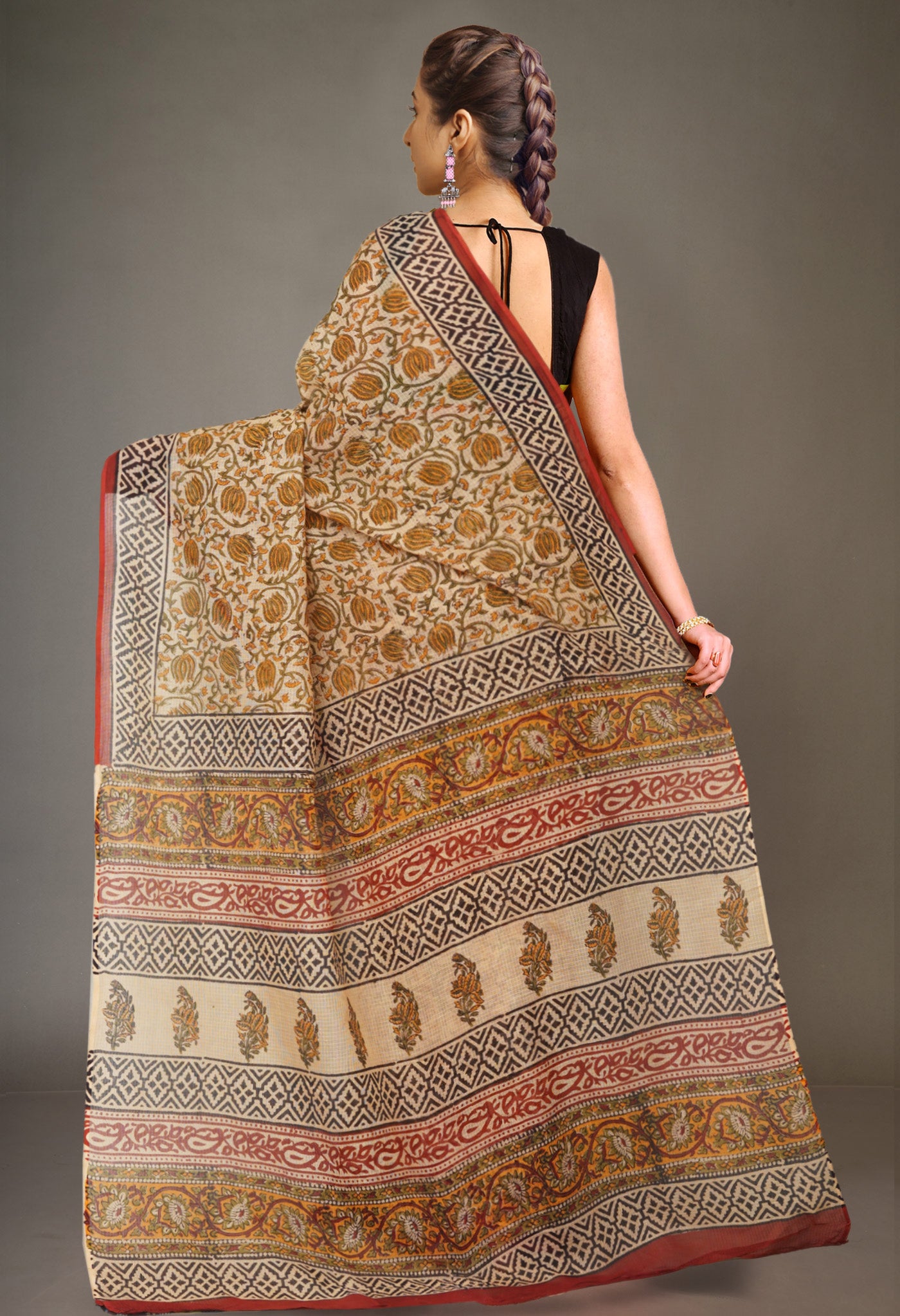 Cream Pure Bagru Kalamkari Printed Kota Saree-UNM80985