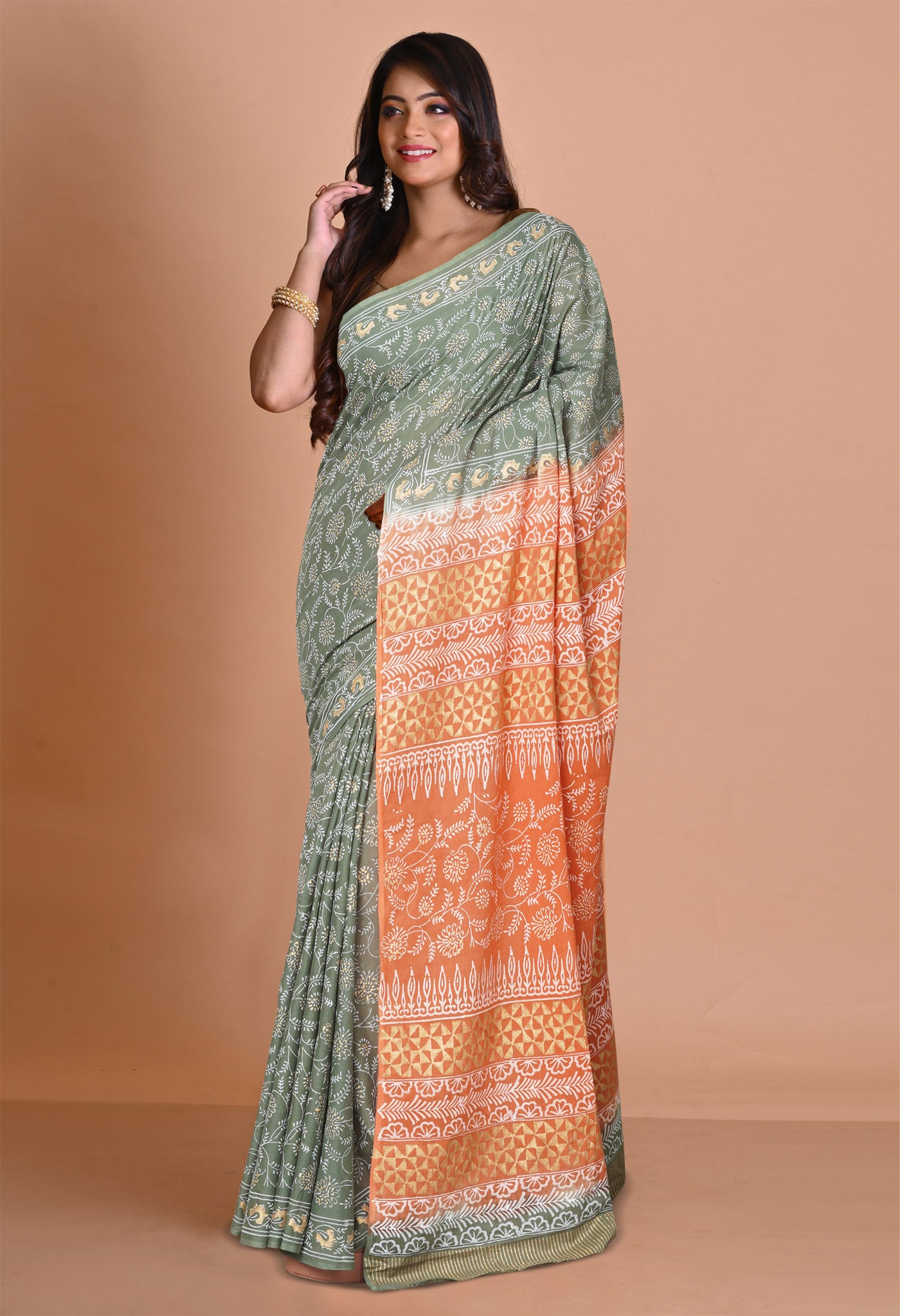 Green-Orange Pure Gold Embossed Printed Soft Cotton Saree-UNM80993